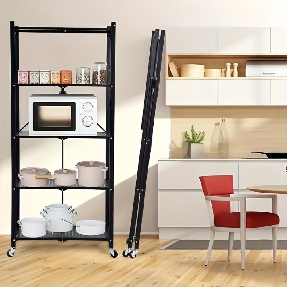 5-Tier Foldable Metal Storage Rack with Wheels - Heavy Duty Garage & Kitchen Organizer