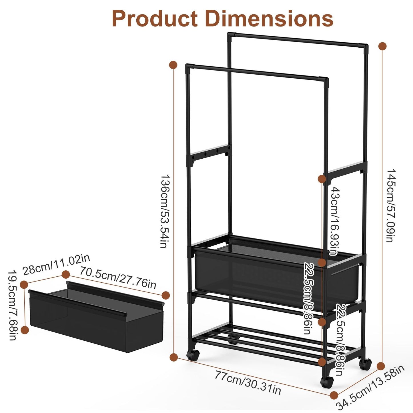 3-Tier Portable Double Rod Garment Rack with Storage Bag & Wheels