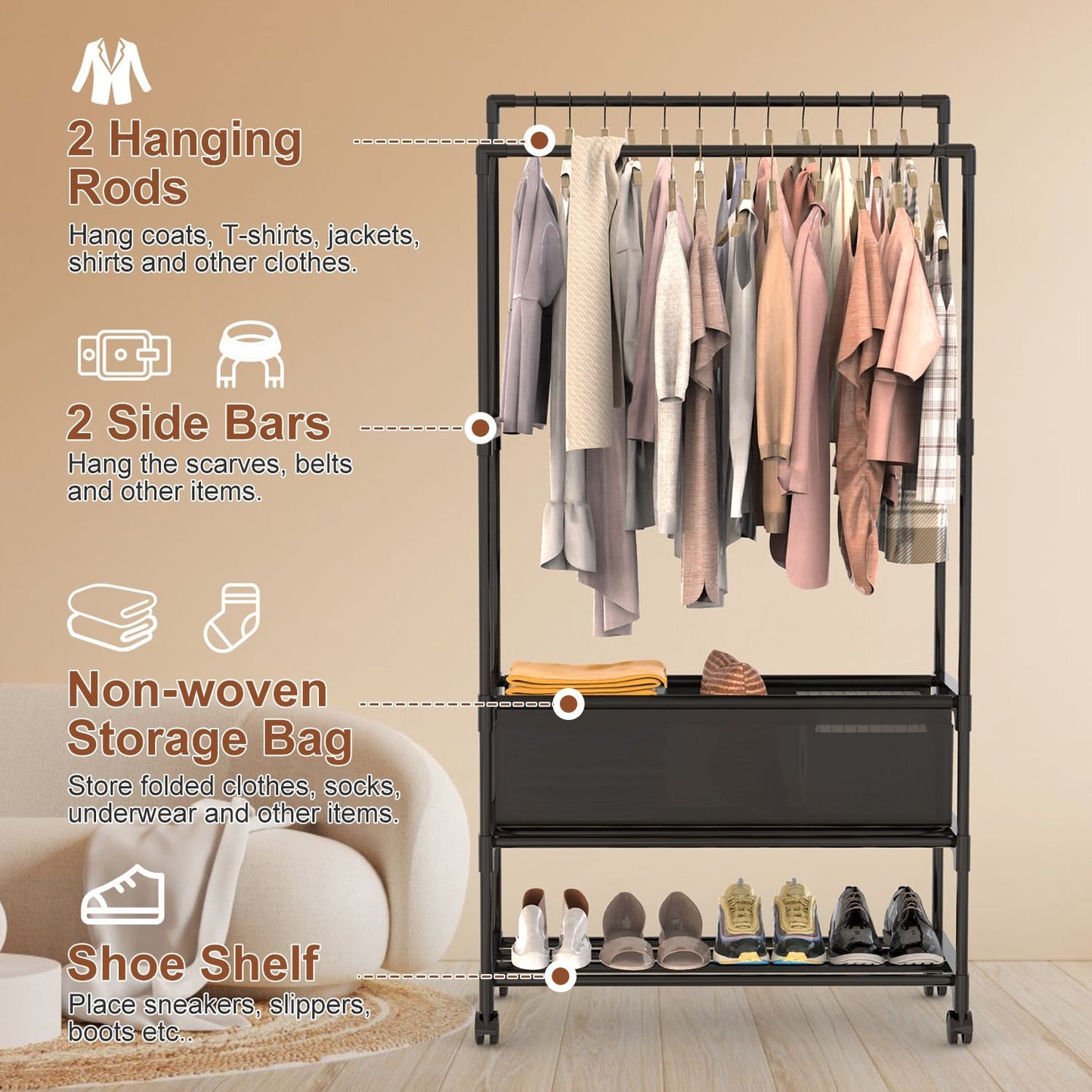 3-Tier Portable Double Rod Garment Rack with Storage Bag & Wheels