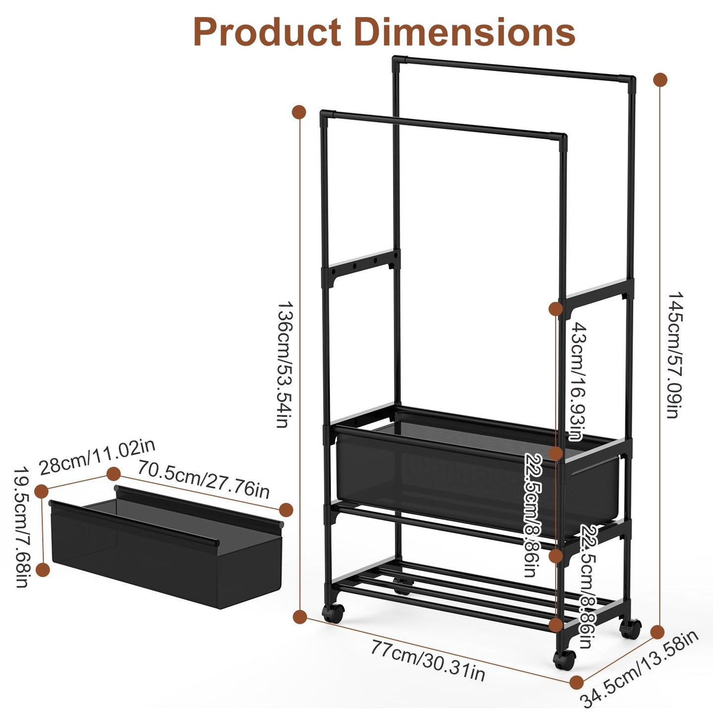 3-Tier Portable Double Rod Garment Rack with Storage Bag & Wheels