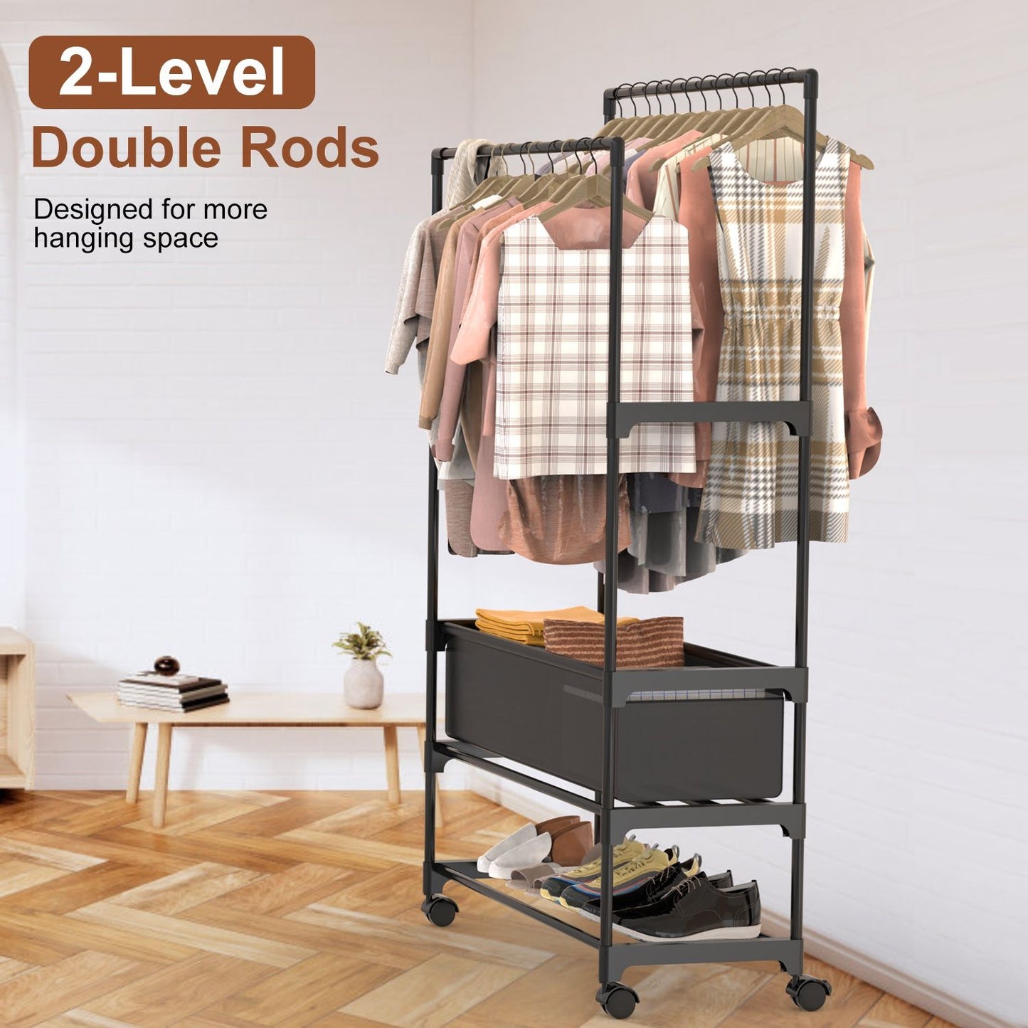 3-Tier Portable Double Rod Garment Rack with Storage Bag & Wheels
