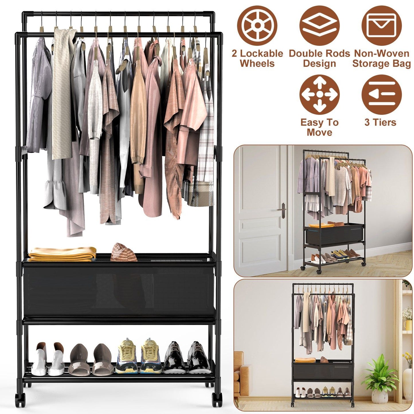 3-Tier Portable Double Rod Garment Rack with Storage Bag & Wheels