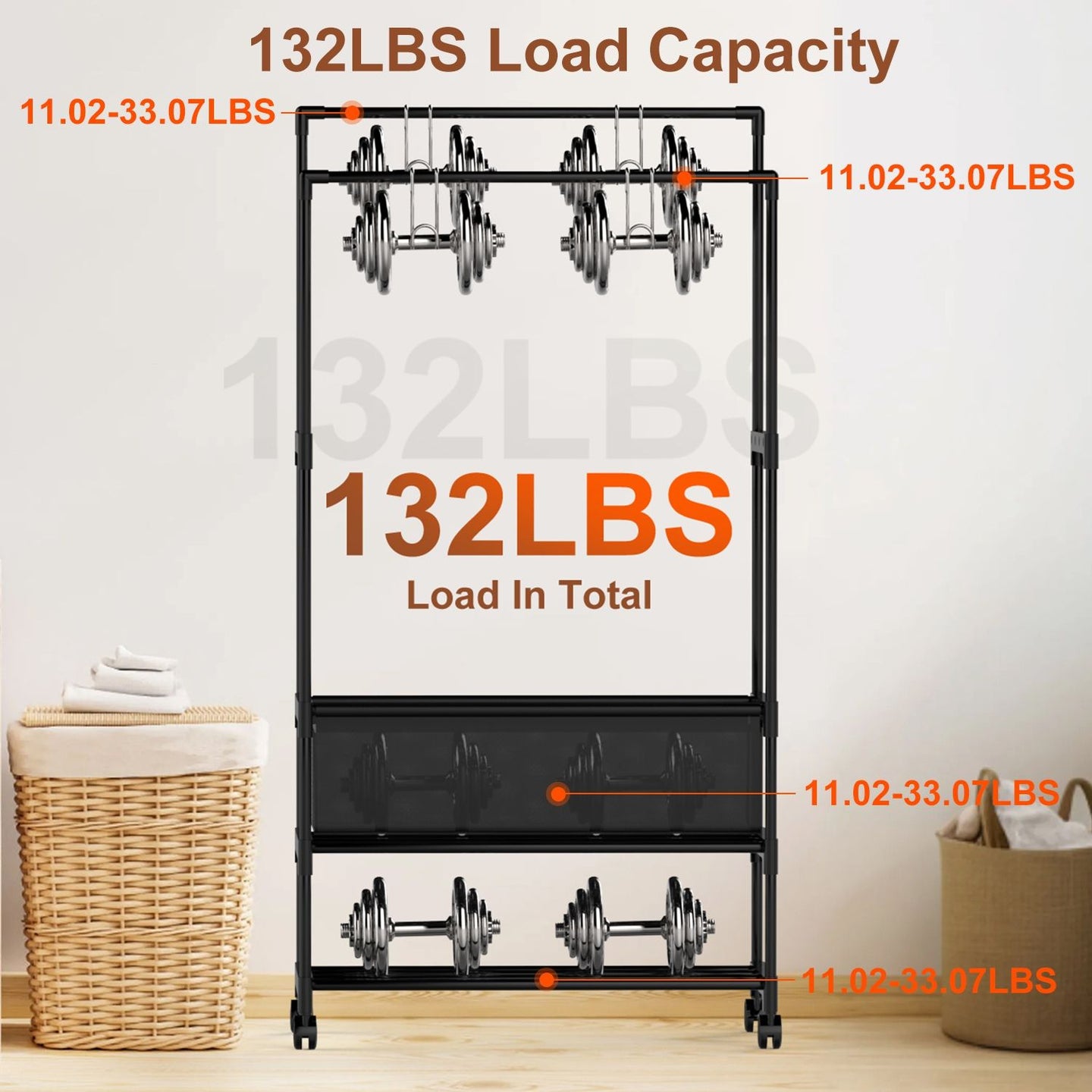 3-Tier Portable Double Rod Garment Rack with Storage Bag & Wheels