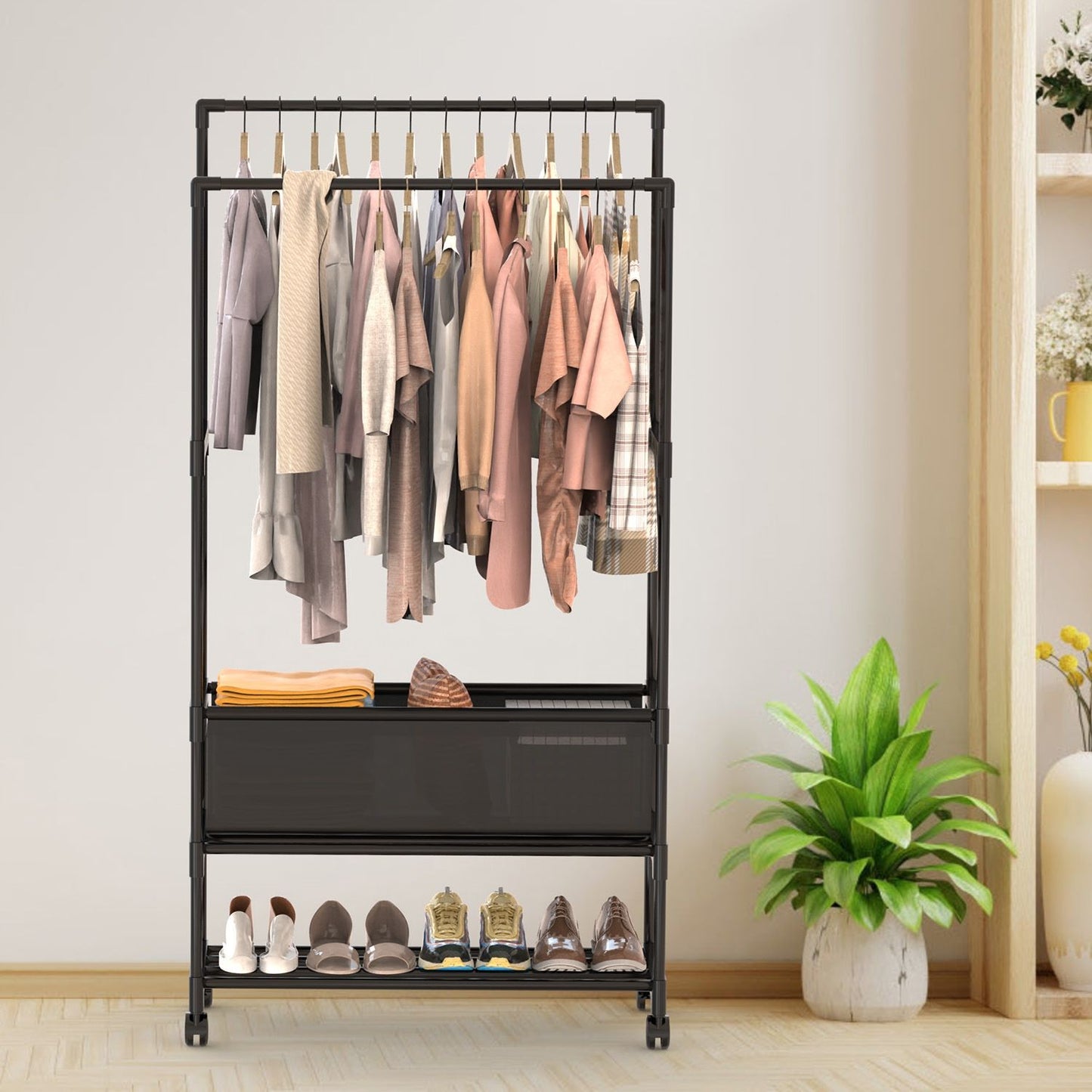 3-Tier Portable Double Rod Garment Rack with Storage Bag & Wheels