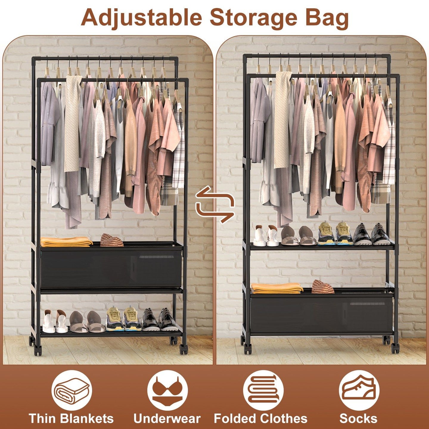 3-Tier Portable Double Rod Garment Rack with Storage Bag & Wheels