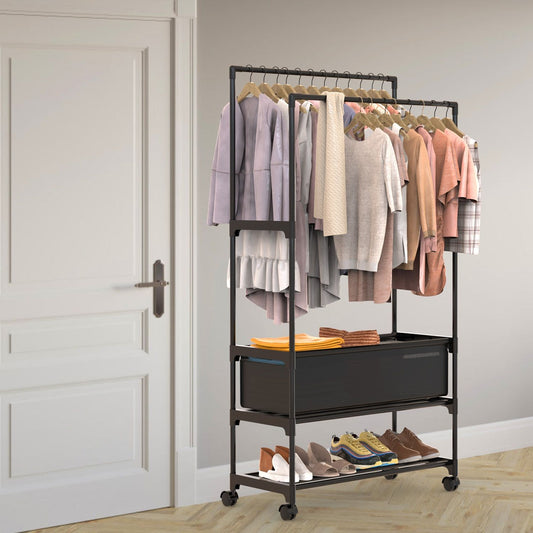 3-Tier Portable Double Rod Garment Rack with Storage Bag & Wheels