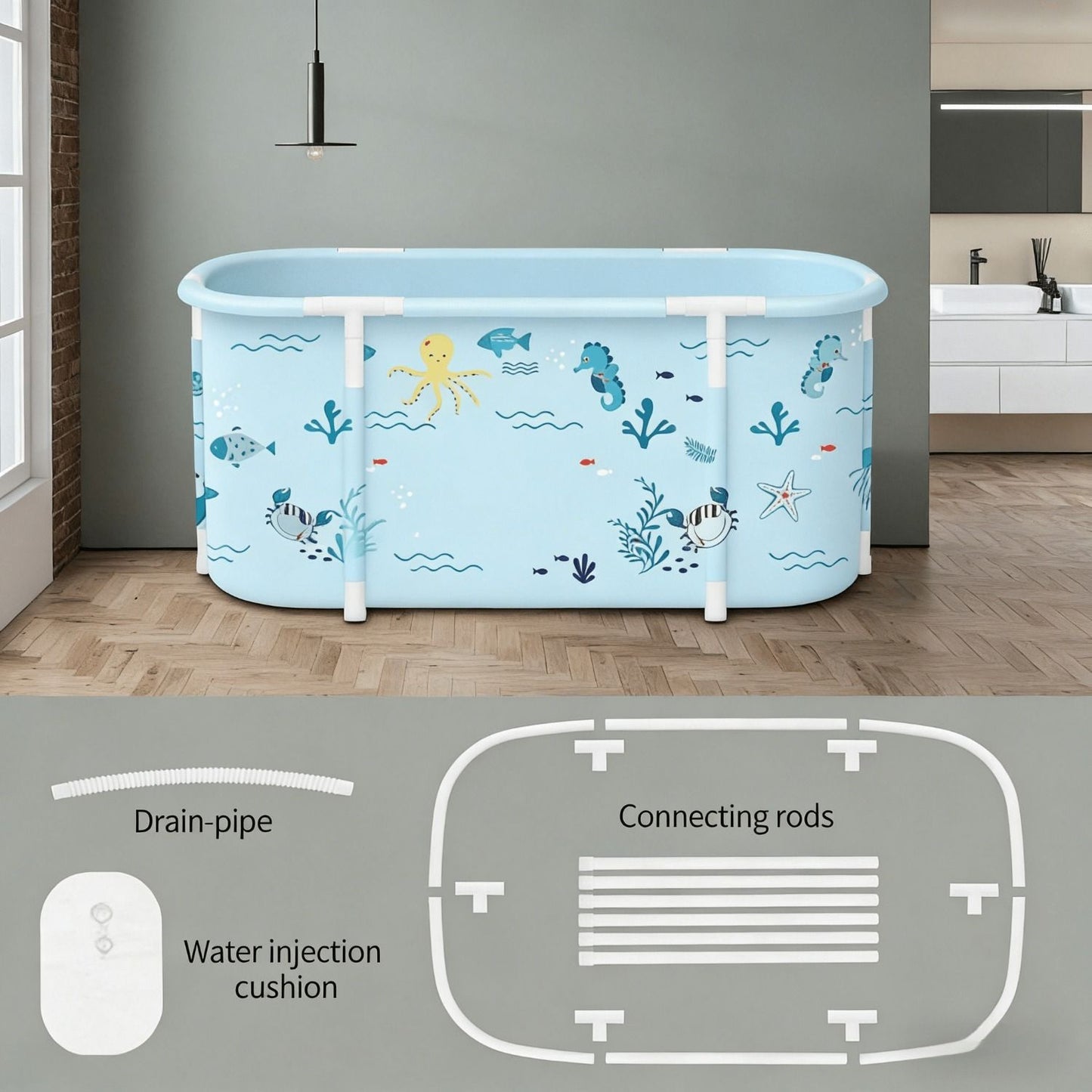 Portable Foldable Bathtub, Foldable Soaking Bathtub for Adults, Freestanding Bathtubs, Hot Bath Tub, Ice Bath, Family Bathroom SPA Tub 47.2x19.7x21.7inch (Fish)