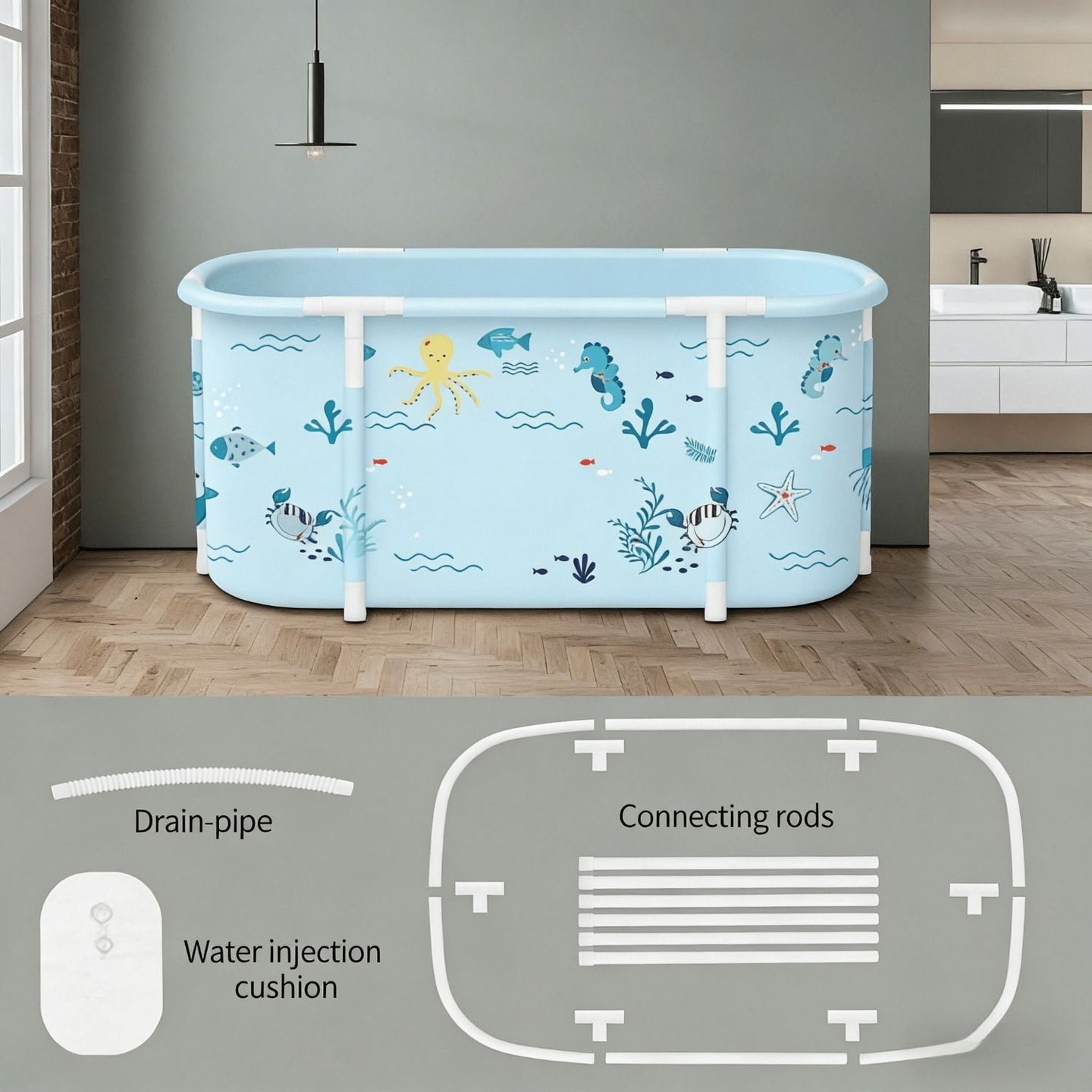 Portable Foldable Bathtub, Foldable Soaking Bathtub for Adults, Freestanding Bathtubs, Hot Bath Tub, Ice Bath, Family Bathroom SPA Tub 47.2x19.7x21.7inch (Fish)