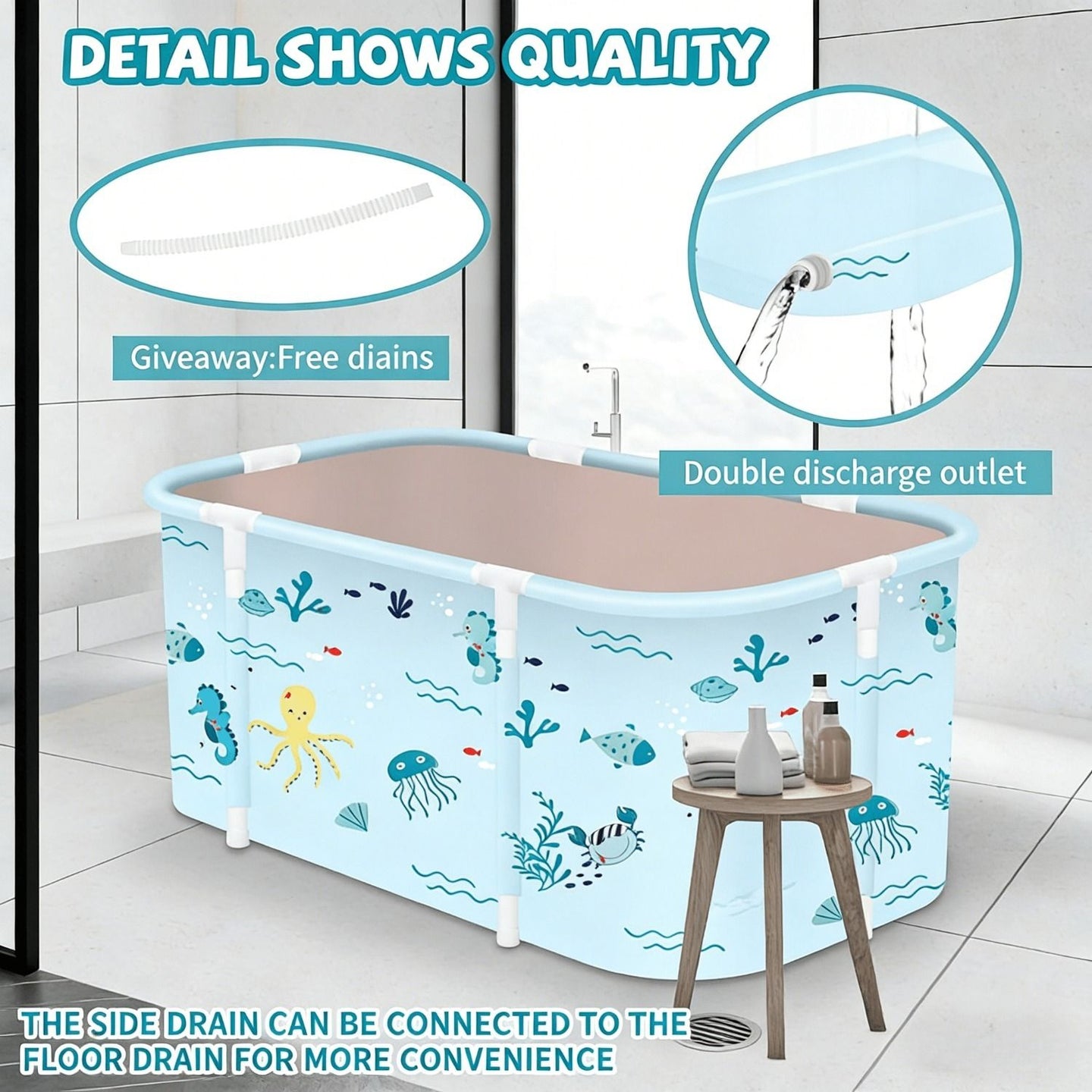 Portable Foldable Bathtub, Foldable Soaking Bathtub for Adults, Freestanding Bathtubs, Hot Bath Tub, Ice Bath, Family Bathroom SPA Tub 47.2x19.7x21.7inch (Fish)