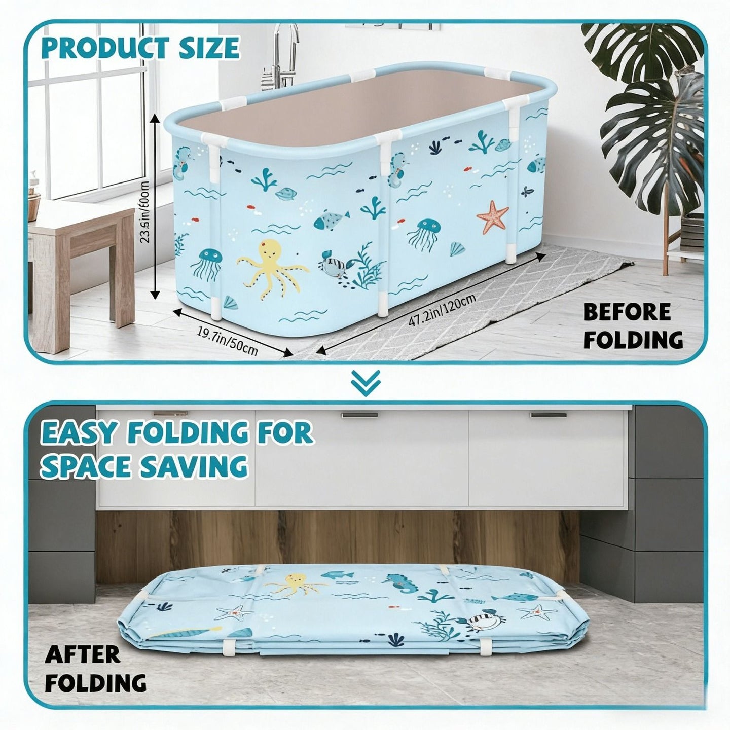 Portable Foldable Bathtub, Foldable Soaking Bathtub for Adults, Freestanding Bathtubs, Hot Bath Tub, Ice Bath, Family Bathroom SPA Tub 47.2x19.7x21.7inch (Fish)