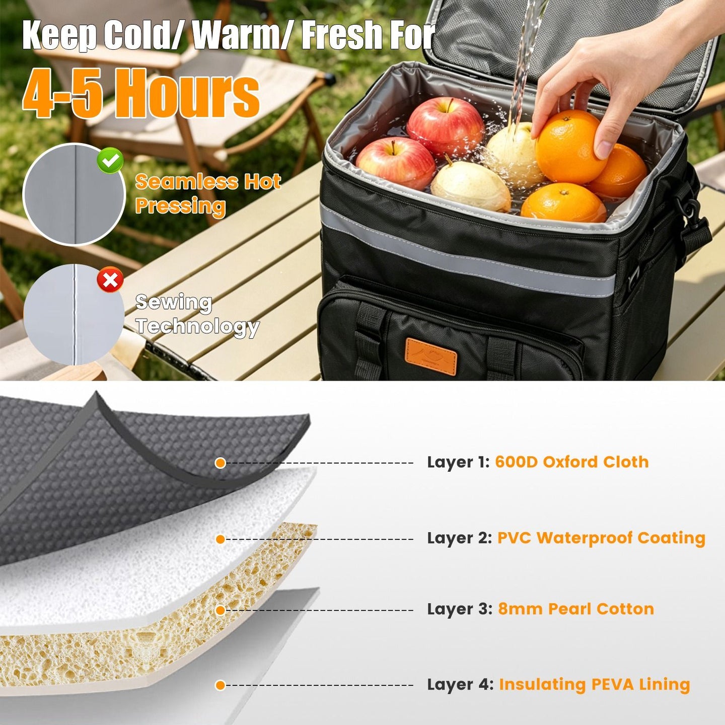 Portable Rolling Insulated Cooler Bag 35L Large Capacity Adjustable Strap Wheeled Thermal Bag with Multiple Storage Pockets for Hiking Fishing Picnic Party