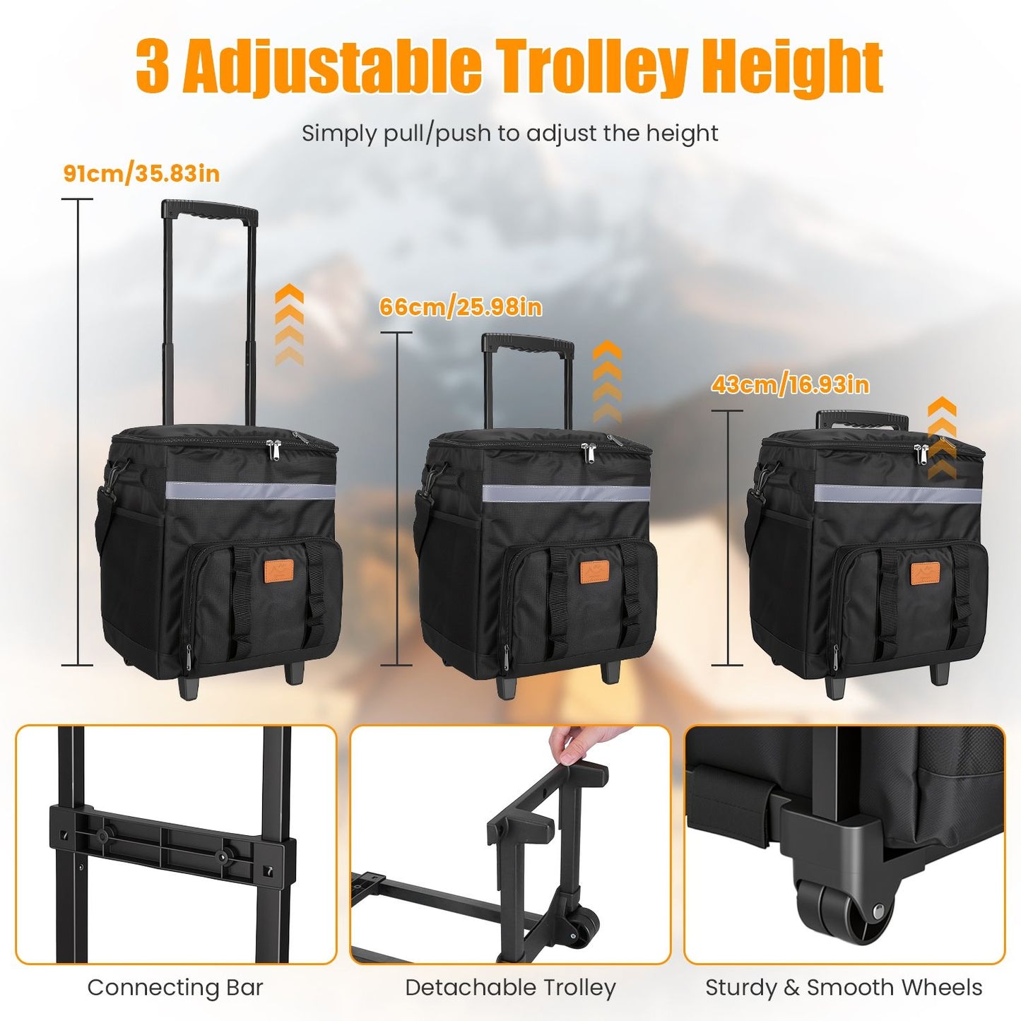 Portable Rolling Insulated Cooler Bag 35L Large Capacity Adjustable Strap Wheeled Thermal Bag with Multiple Storage Pockets for Hiking Fishing Picnic Party