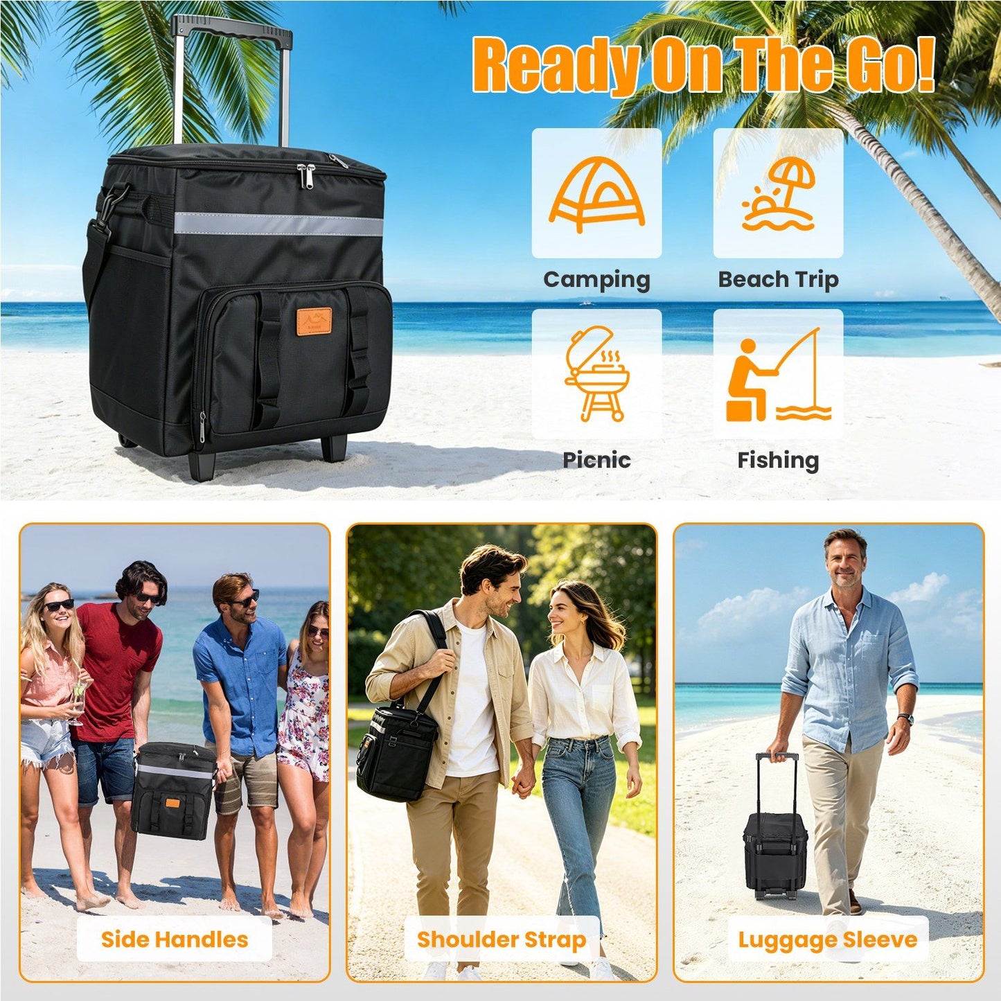 Portable Rolling Insulated Cooler Bag 35L Large Capacity Adjustable Strap Wheeled Thermal Bag with Multiple Storage Pockets for Hiking Fishing Picnic Party