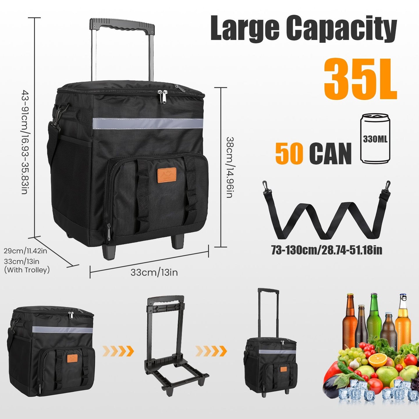 Portable Rolling Insulated Cooler Bag 35L Large Capacity Adjustable Strap Wheeled Thermal Bag with Multiple Storage Pockets for Hiking Fishing Picnic Party