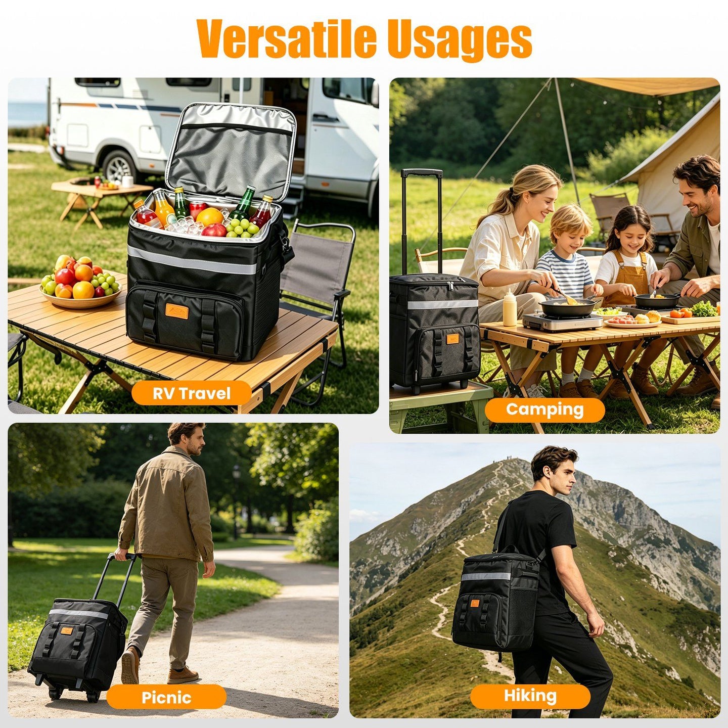 Portable Rolling Insulated Cooler Bag 35L Large Capacity Adjustable Strap Wheeled Thermal Bag with Multiple Storage Pockets for Hiking Fishing Picnic Party