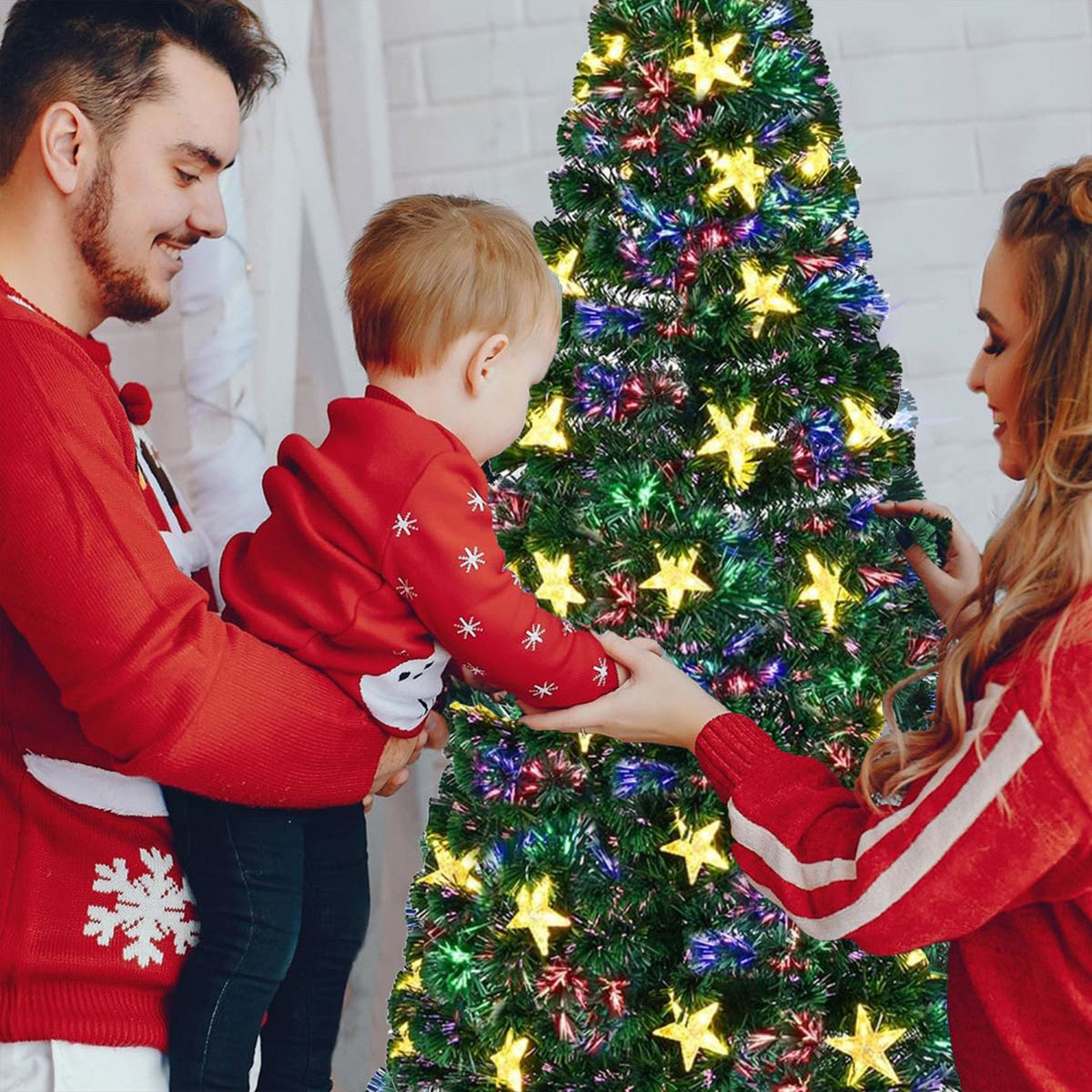 7FT Pre-lit Fiber Optic Christmas Tree with Large Stars, Artificial Xmas Tree Spruce Tree Green Tree with Metal Stand,Full Tree for Holiday Decoration