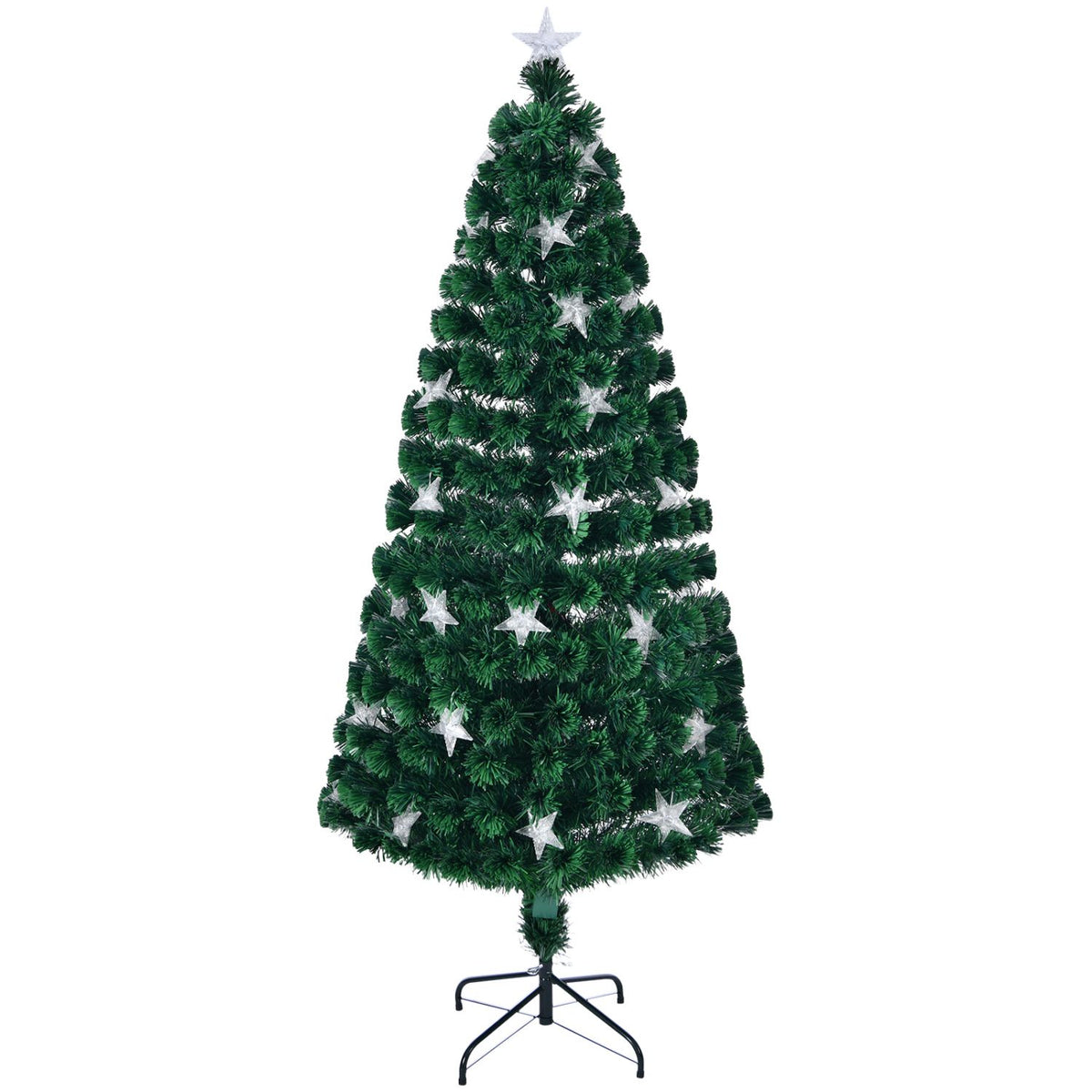 7FT Pre-lit Fiber Optic Christmas Tree with Large Stars, Artificial Xmas Tree Spruce Tree Green Tree with Metal Stand,Full Tree for Holiday Decoration