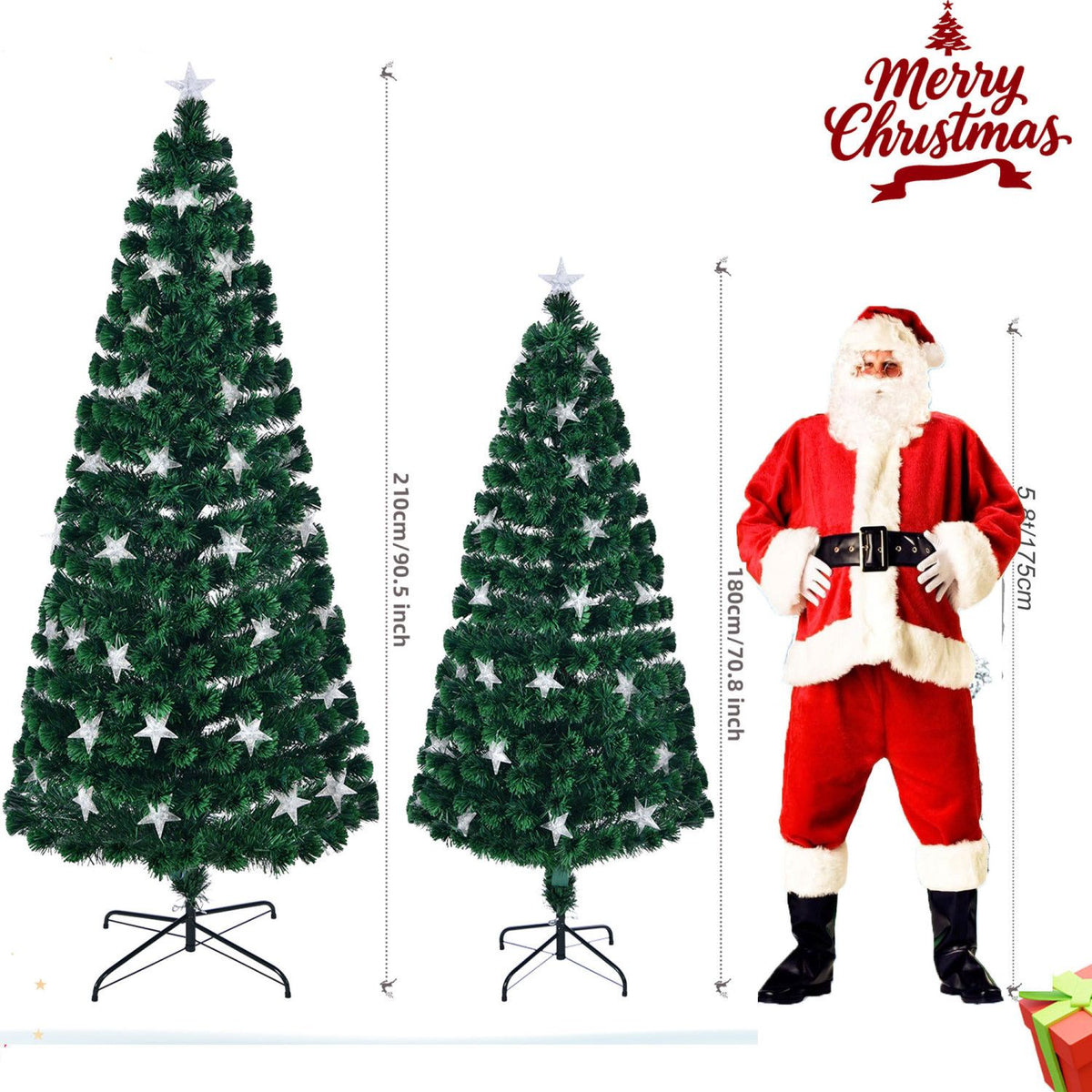7FT Pre-lit Fiber Optic Christmas Tree with Large Stars, Artificial Xmas Tree Spruce Tree Green Tree with Metal Stand,Full Tree for Holiday Decoration