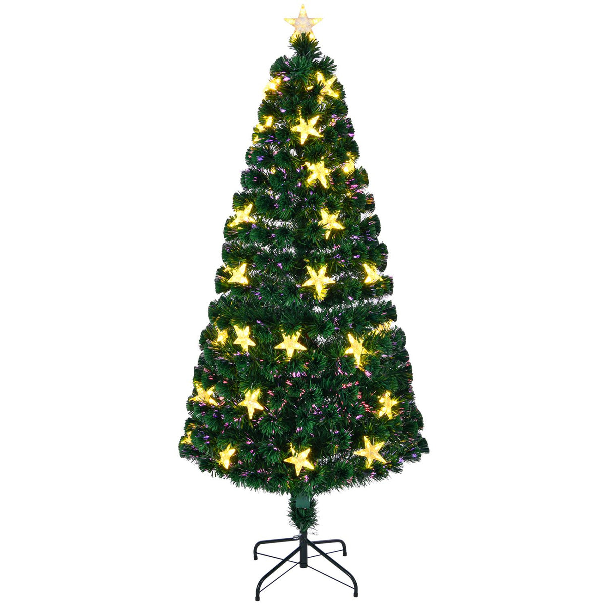 7FT Pre-lit Fiber Optic Christmas Tree with Large Stars, Artificial Xmas Tree Spruce Tree Green Tree with Metal Stand,Full Tree for Holiday Decoration