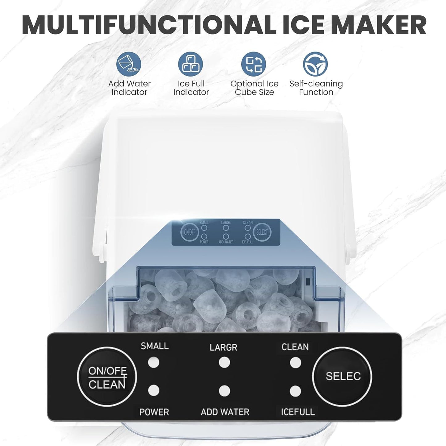 Countertop Ice Maker with Handle, 26lbs/24H Portable Ice Machine, 9 Bullet Ice Cubes Ready in 6 Mins, Self-Cleaning, Quiet Compact Ice Maker for Home, Kitchen, RV, Camping
