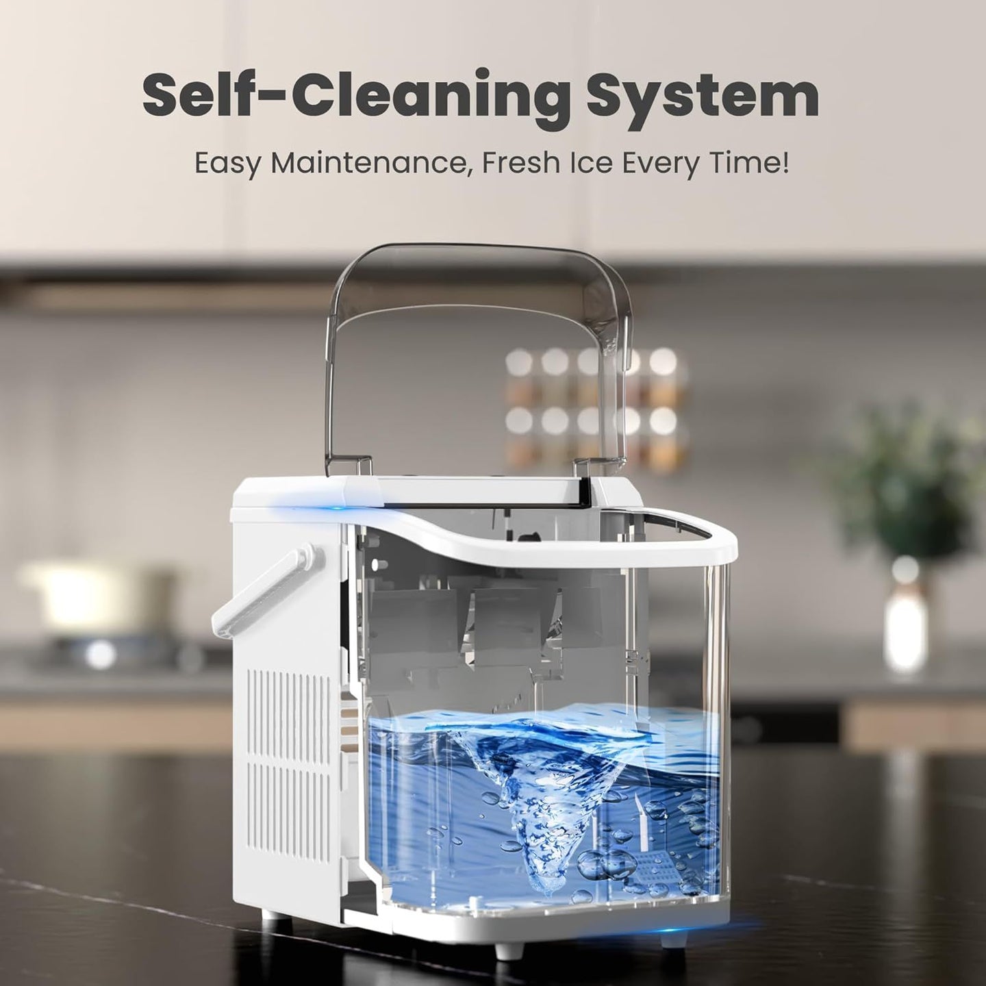 Countertop Ice Maker with Handle, 26lbs/24H Portable Ice Machine, 9 Bullet Ice Cubes Ready in 6 Mins, Self-Cleaning, Quiet Compact Ice Maker for Home, Kitchen, RV, Camping