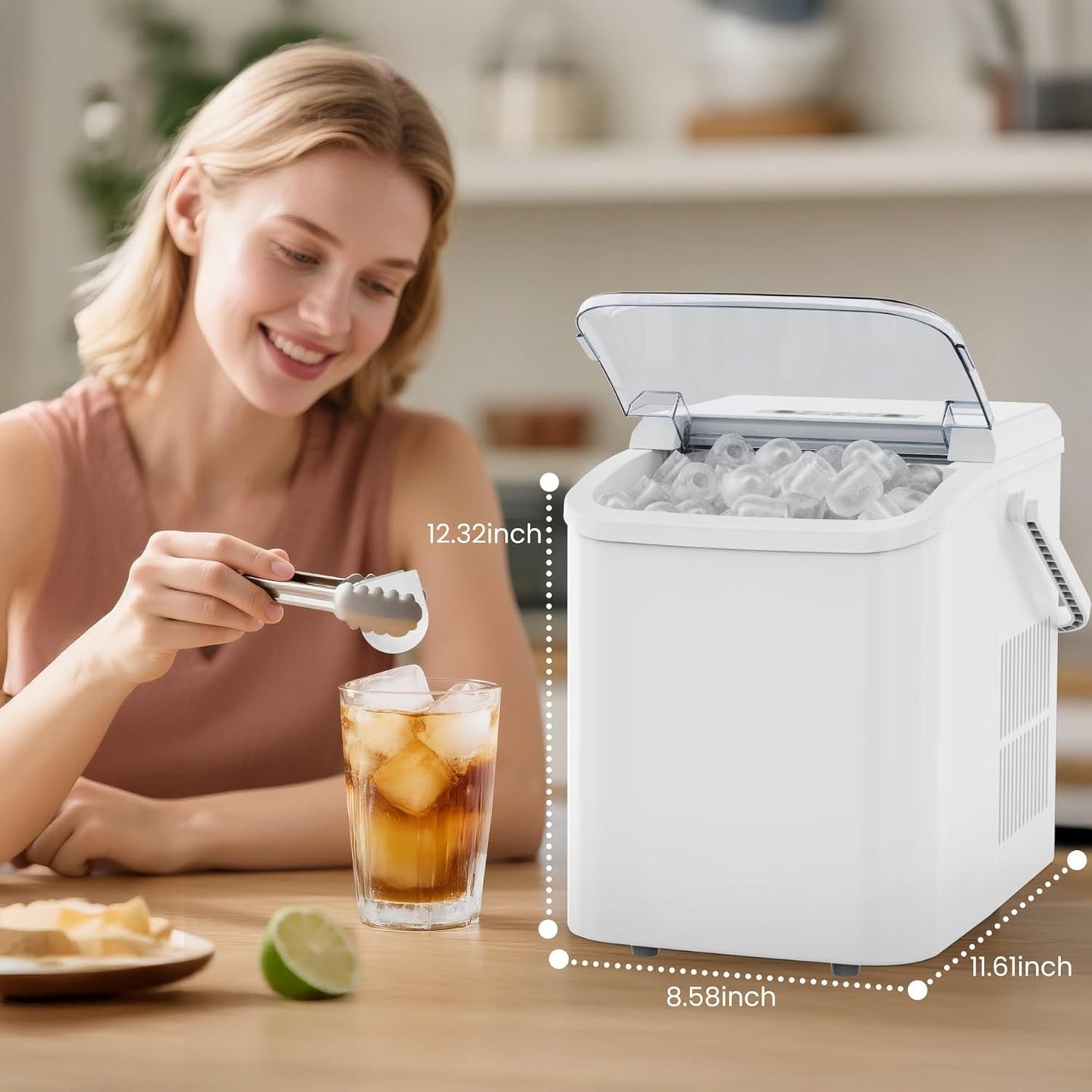 Countertop Ice Maker with Handle, 26lbs/24H Portable Ice Machine, 9 Bullet Ice Cubes Ready in 6 Mins, Self-Cleaning, Quiet Compact Ice Maker for Home, Kitchen, RV, Camping