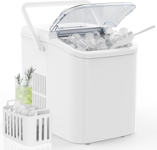 Countertop Ice Maker with Handle, 26lbs/24H Portable Ice Machine, 9 Bullet Ice Cubes Ready in 6 Mins, Self-Cleaning, Quiet Compact Ice Maker for Home, Kitchen, RV, Camping