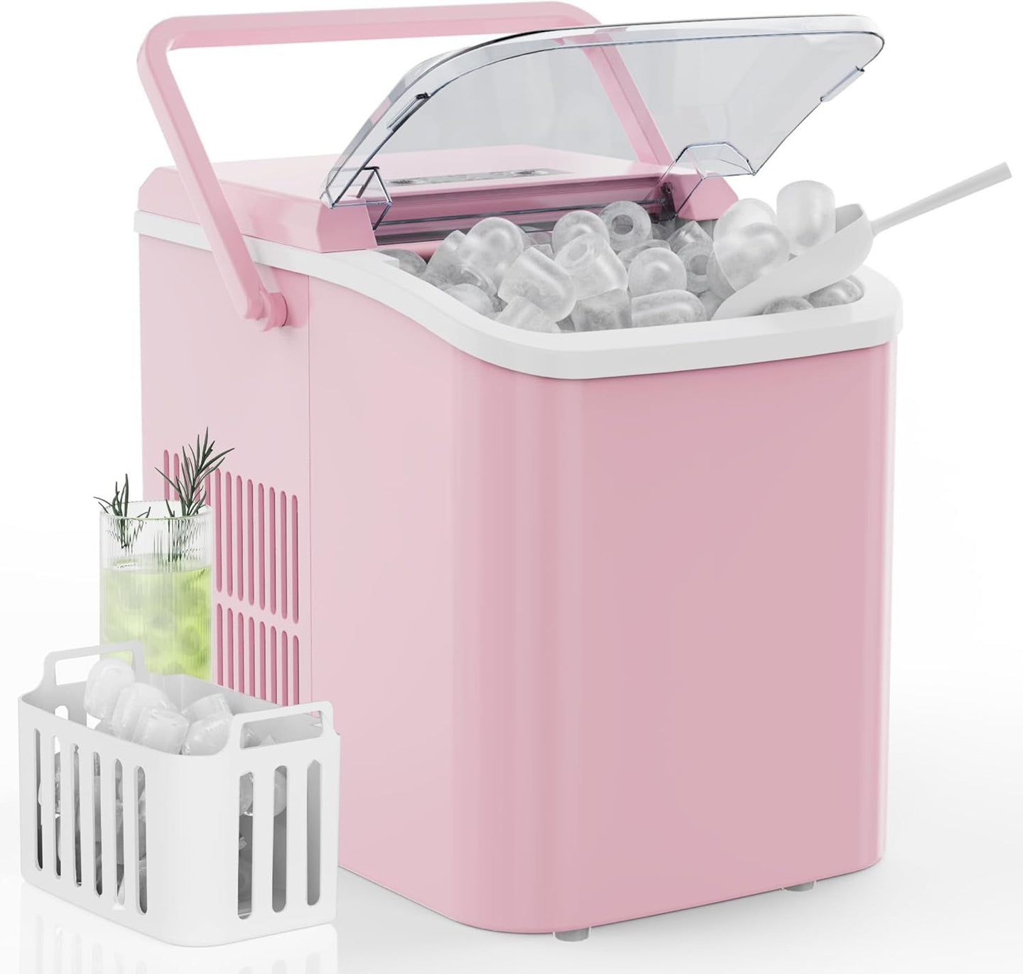Countertop Ice Maker with Handle, 26lbs/24H Portable Ice Machine, 9 Bullet Ice Cubes Ready in 6 Mins, Self-Cleaning, Quiet Compact Ice Maker for Home, Kitchen, RV, Camping