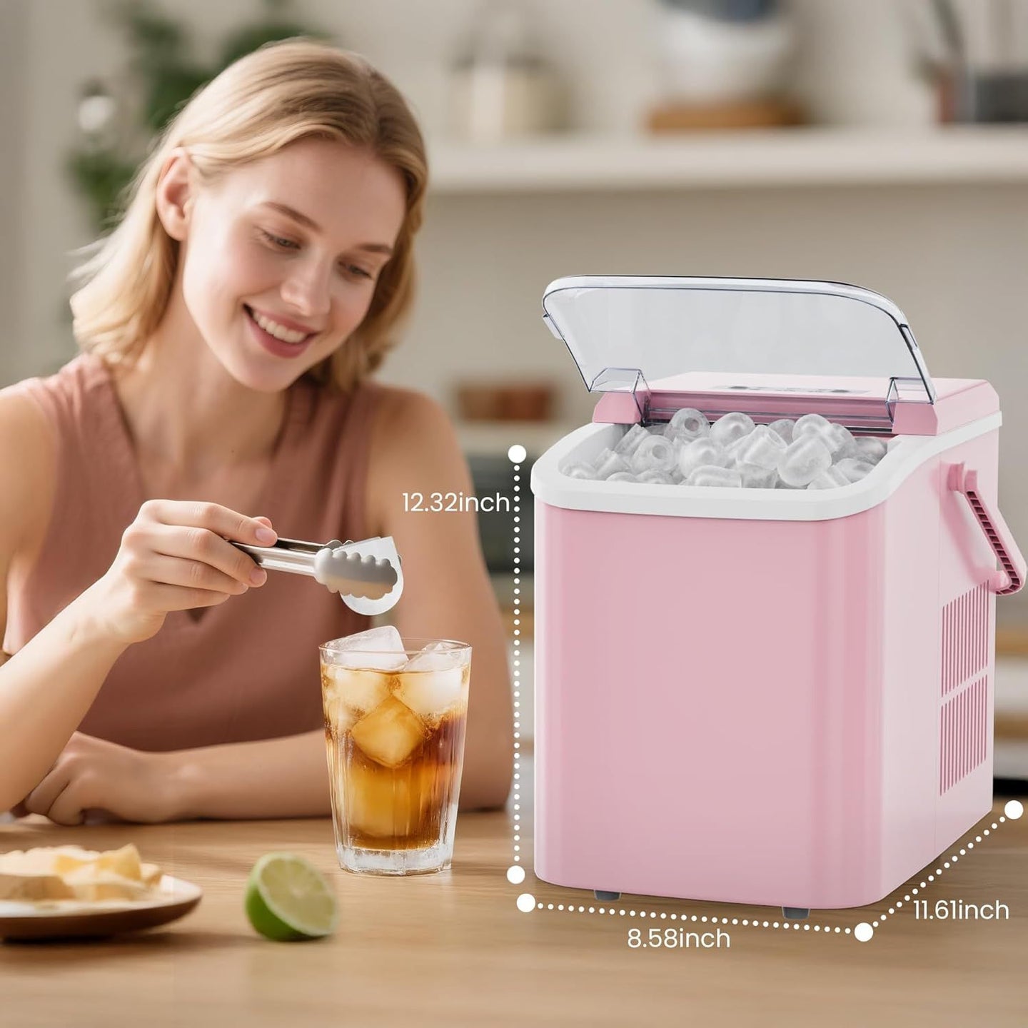 Countertop Ice Maker with Handle, 26lbs/24H Portable Ice Machine, 9 Bullet Ice Cubes Ready in 6 Mins, Self-Cleaning, Quiet Compact Ice Maker for Home, Kitchen, RV, Camping