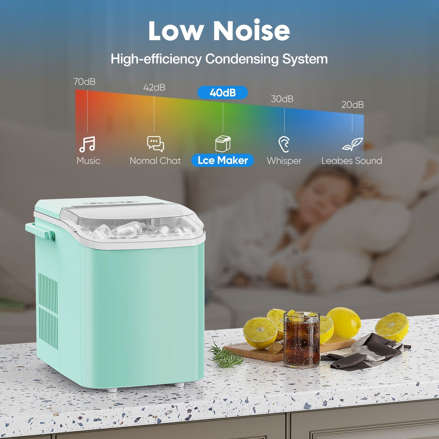 Countertop Ice Maker with Handle, 26lbs/24H Portable Ice Machine, 9 Bullet Ice Cubes Ready in 6 Mins, Self-Cleaning, Quiet Compact Ice Maker for Home, Kitchen, RV, Camping