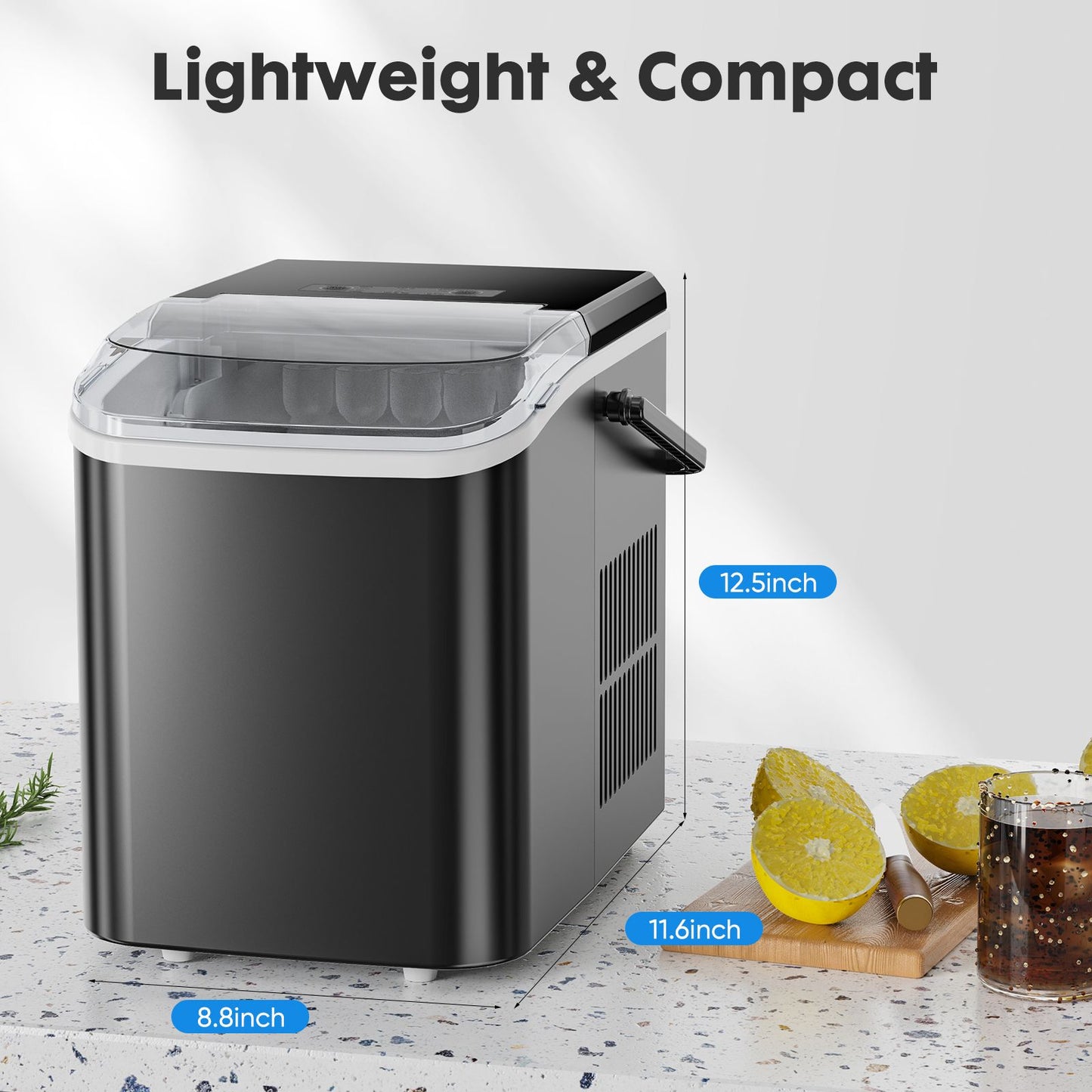 Countertop Ice Maker with Handle, 26lbs/24H Portable Ice Machine, 9 Bullet Ice Cubes Ready in 6 Mins, Self-Cleaning, Quiet Compact Ice Maker for Home, Kitchen, RV, Camping