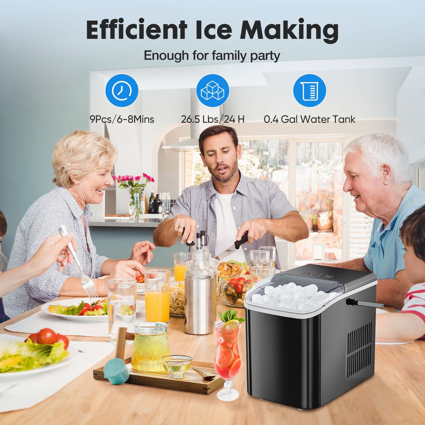 Countertop Ice Maker with Handle, 26lbs/24H Portable Ice Machine, 9 Bullet Ice Cubes Ready in 6 Mins, Self-Cleaning, Quiet Compact Ice Maker for Home, Kitchen, RV, Camping