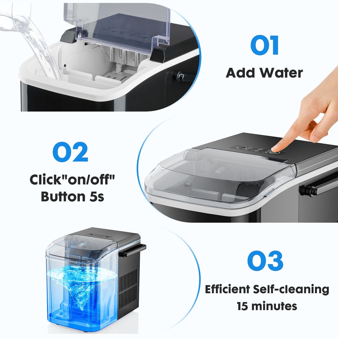 Countertop Ice Maker with Handle, 26lbs/24H Portable Ice Machine, 9 Bullet Ice Cubes Ready in 6 Mins, Self-Cleaning, Quiet Compact Ice Maker for Home, Kitchen, RV, Camping