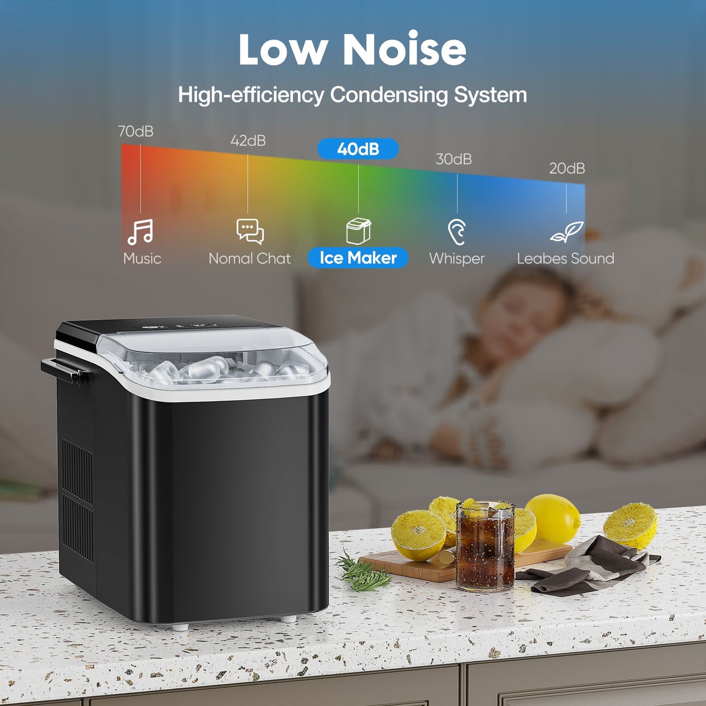 Countertop Ice Maker with Handle, 26lbs/24H Portable Ice Machine, 9 Bullet Ice Cubes Ready in 6 Mins, Self-Cleaning, Quiet Compact Ice Maker for Home, Kitchen, RV, Camping