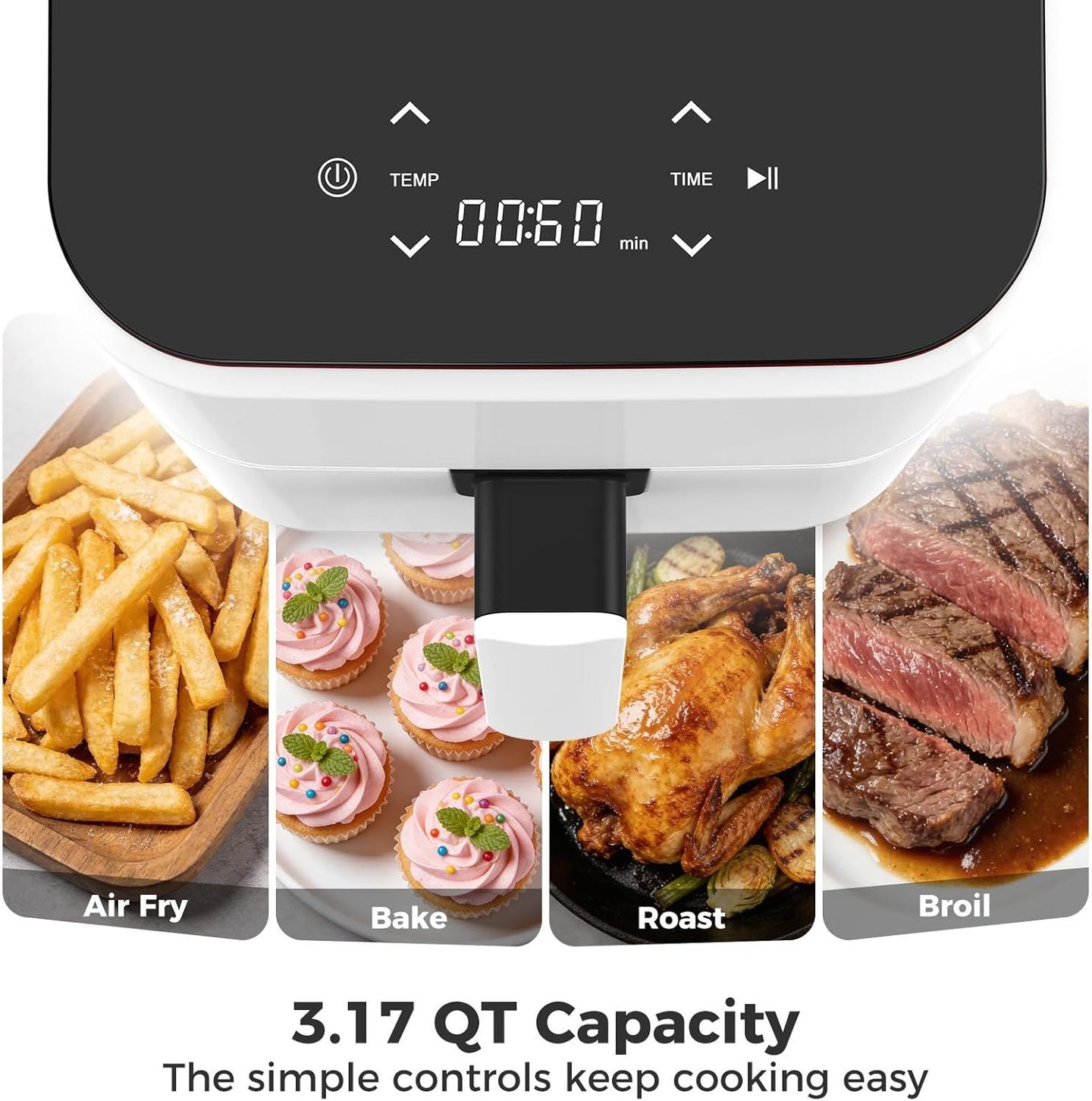 3.17 QT Digital Air Fryer, a small air fryer with a PP touch panel, with a maximum temperature of 400 degrees Fahrenheit.