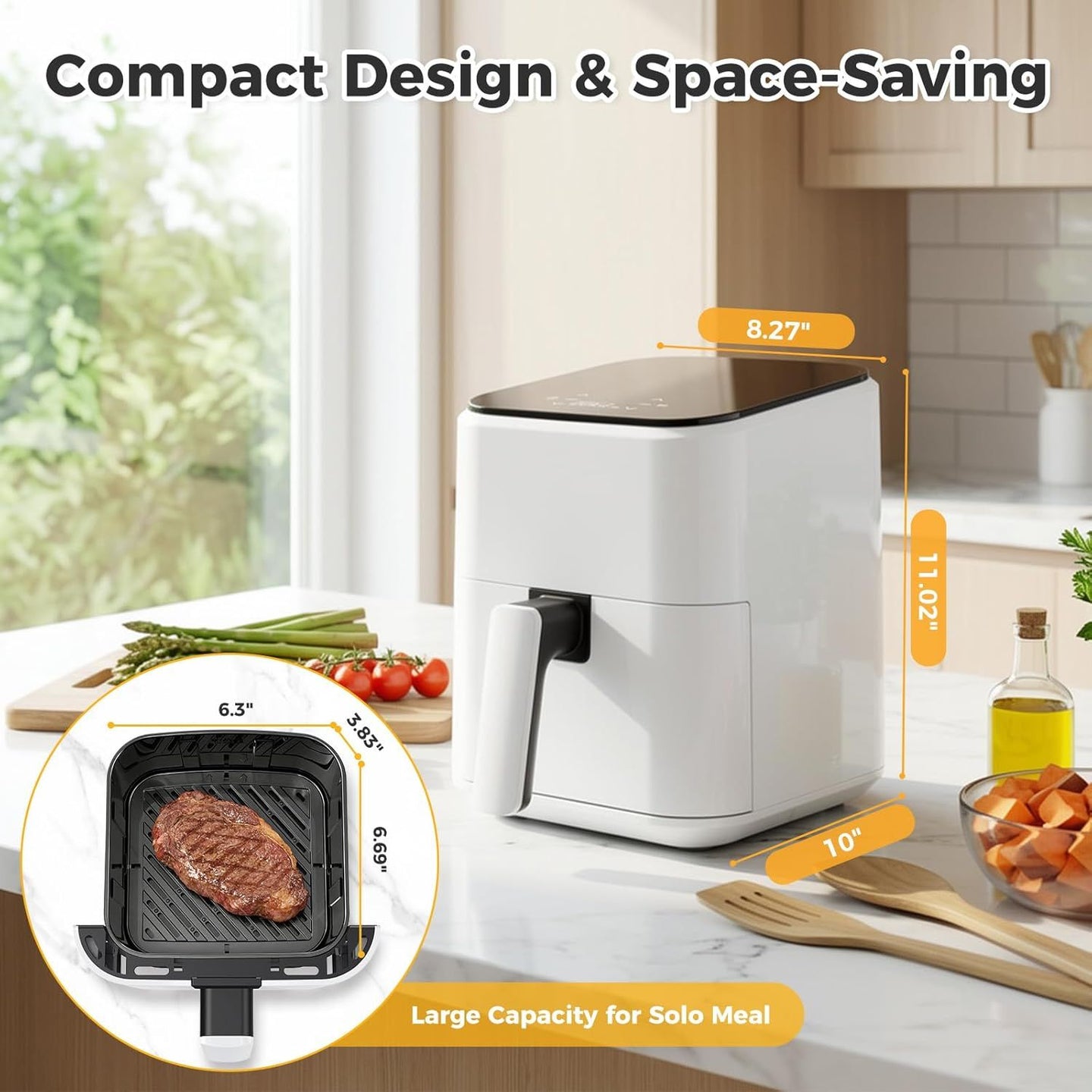 3.17 QT Digital Air Fryer, a small air fryer with a PP touch panel, with a maximum temperature of 400 degrees Fahrenheit.