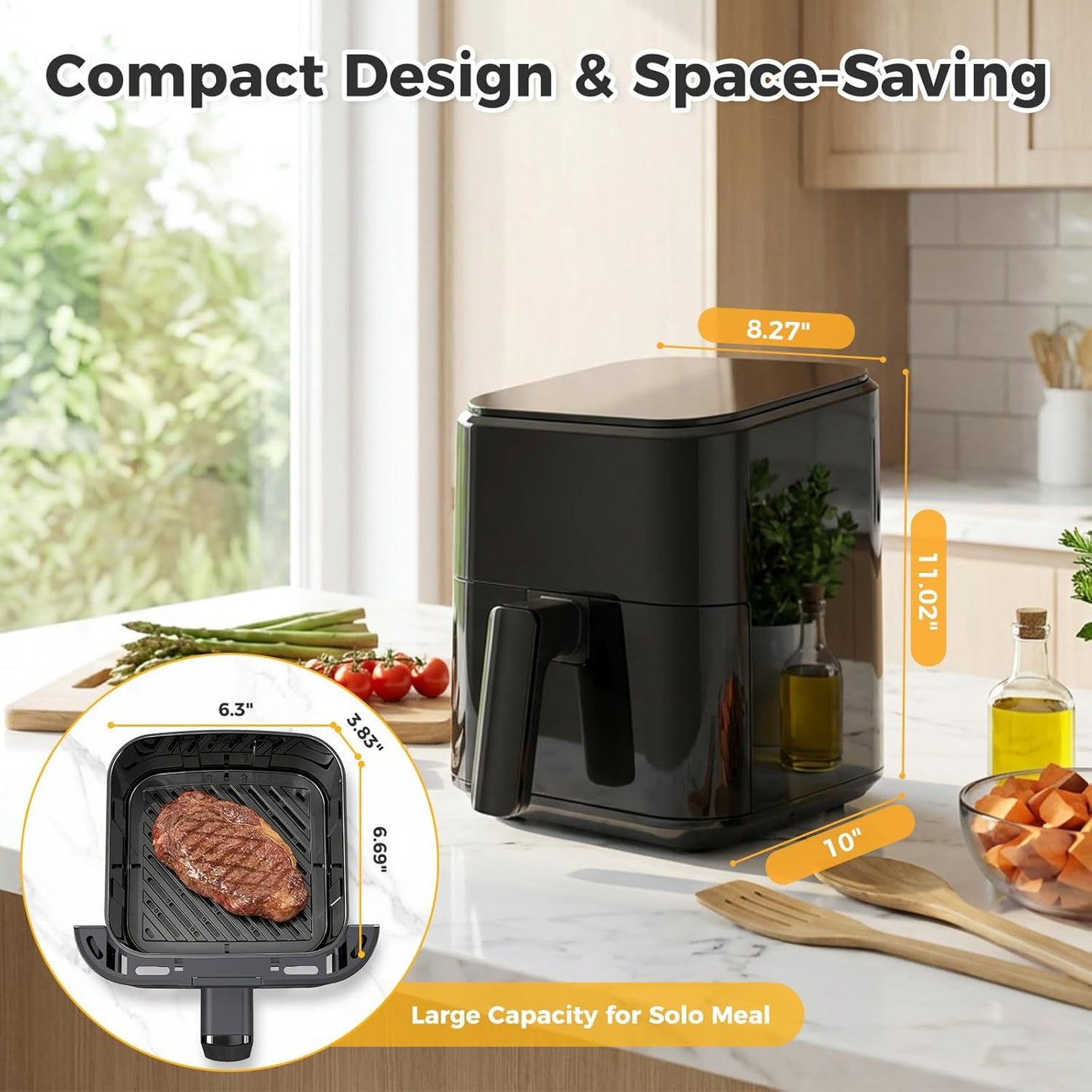 3.17 QT Digital Air Fryer, a small air fryer with a PP touch panel, with a maximum temperature of 400 degrees Fahrenheit.