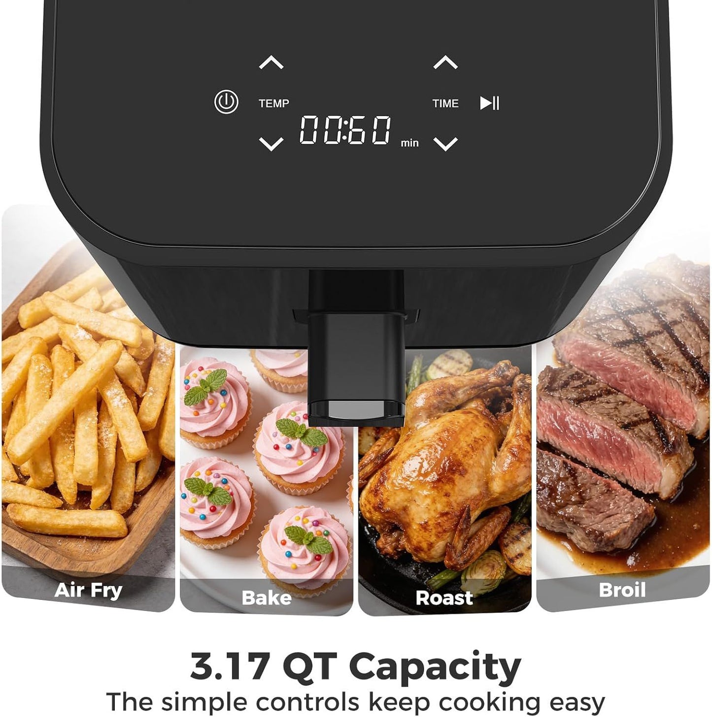 3.17 QT Digital Air Fryer, a small air fryer with a PP touch panel, with a maximum temperature of 400 degrees Fahrenheit.
