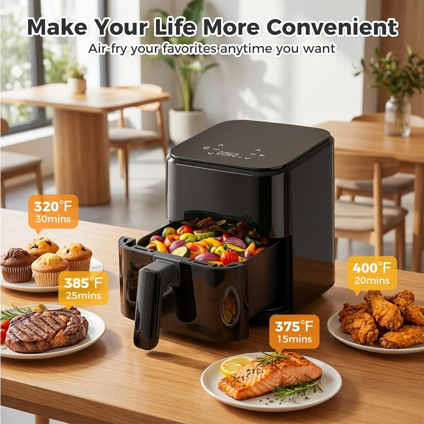 3.17 QT Digital Air Fryer, a small air fryer with a PP touch panel, with a maximum temperature of 400 degrees Fahrenheit.