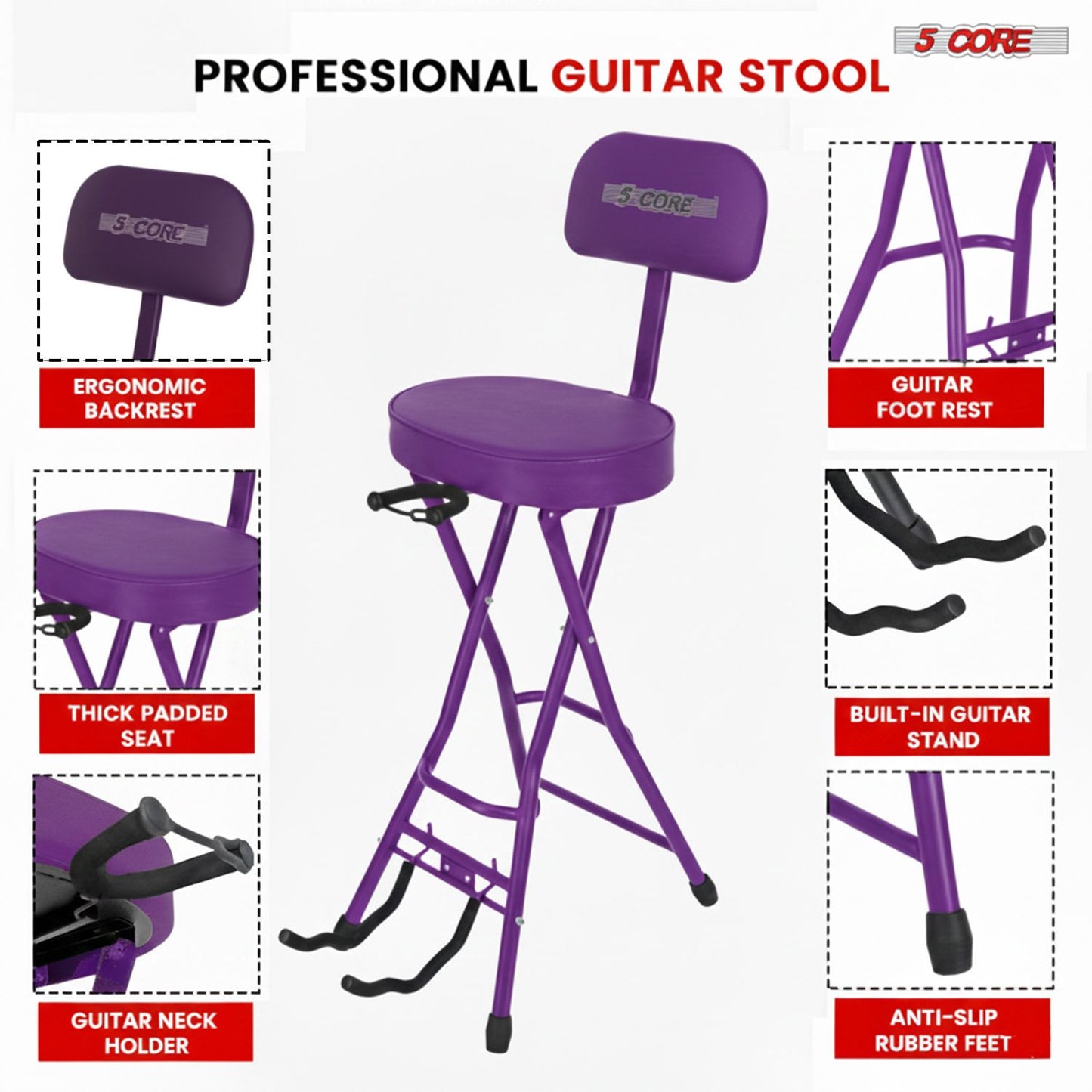 Padded Guitar Stool with Backrest, Built-in Stand & Footrest