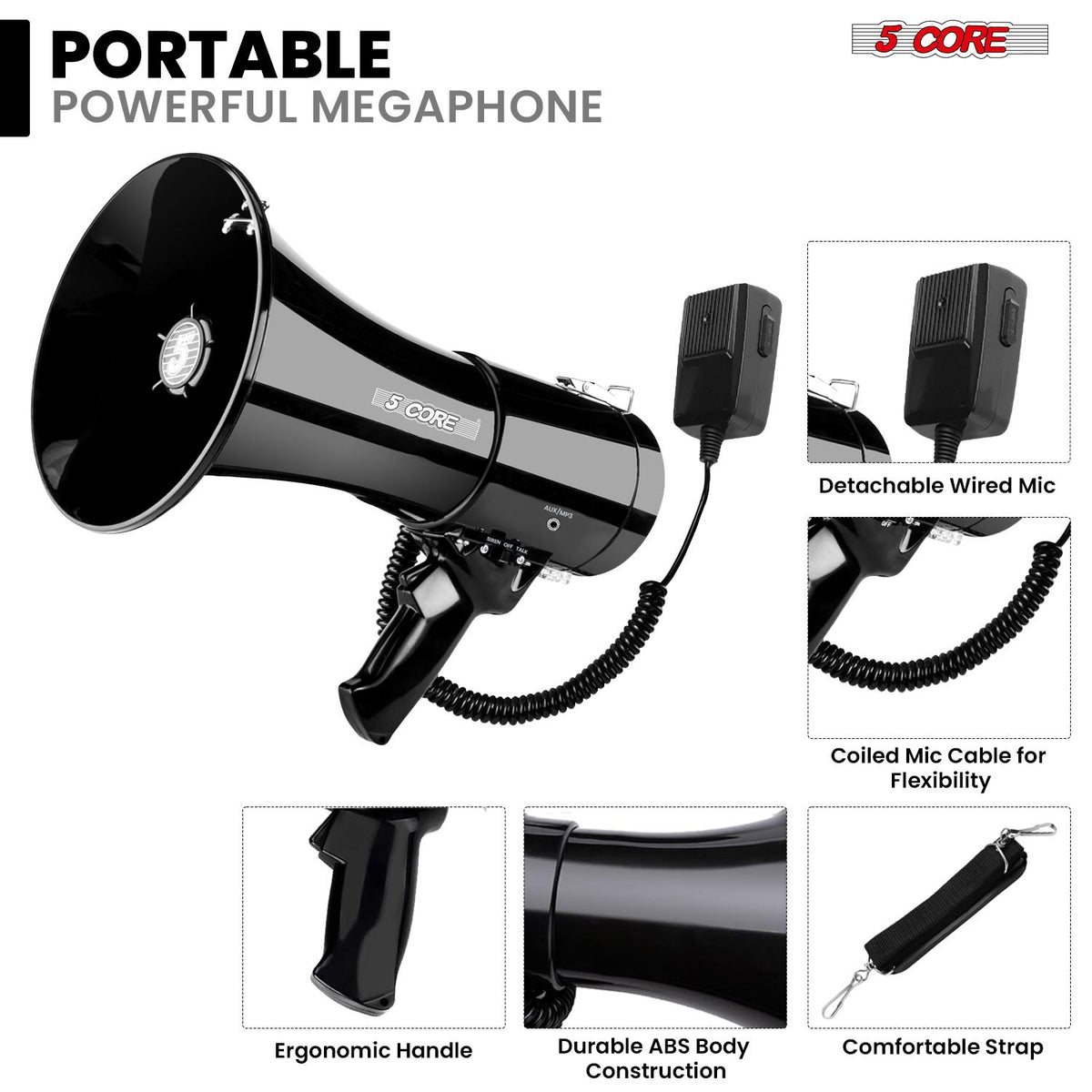 5 Core Megaphone 50W Bluetooth Rechargeable Portable Bullhorn 1100 Yards w Siren
