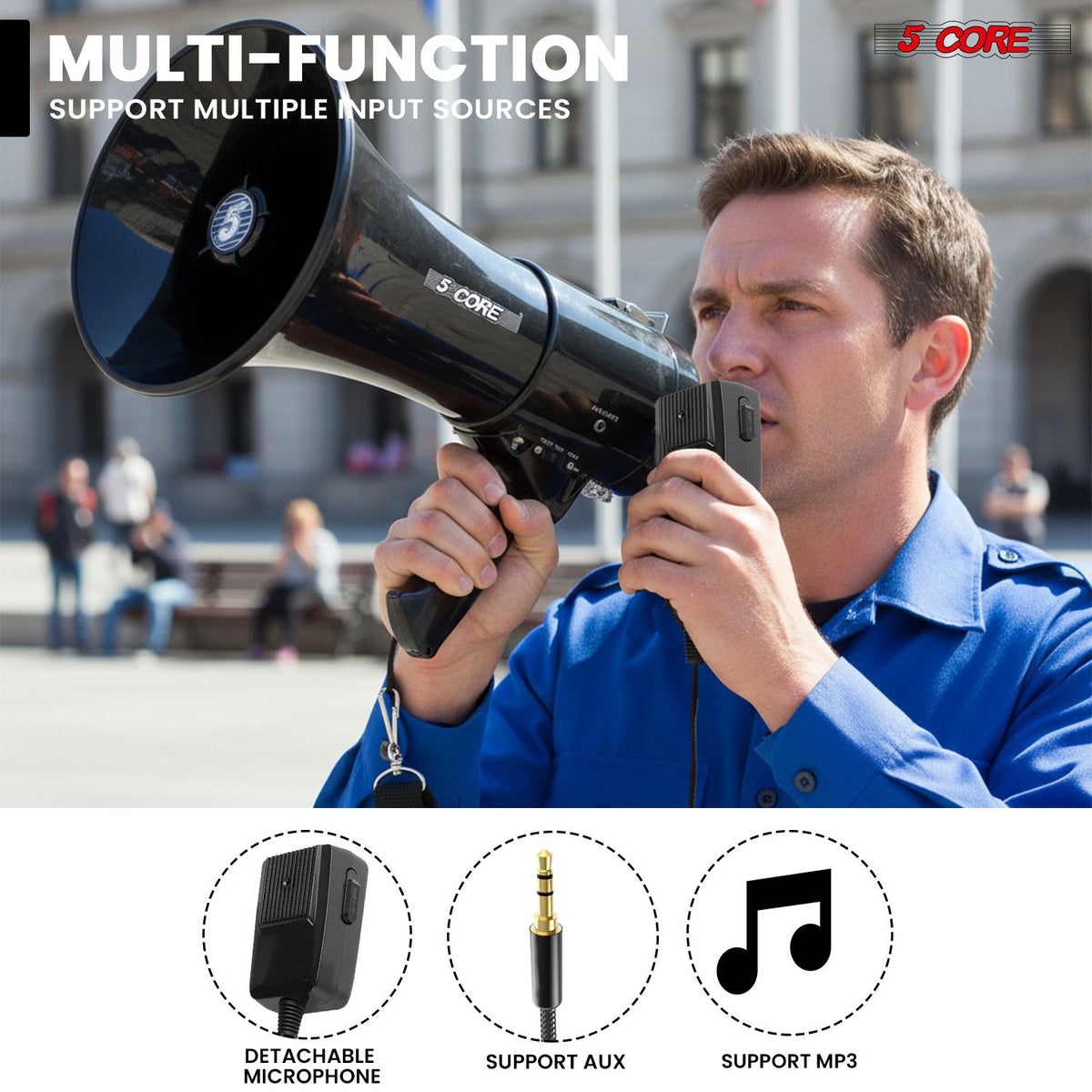 5 Core Megaphone 50W Bluetooth Rechargeable Portable Bullhorn 1100 Yards w Siren