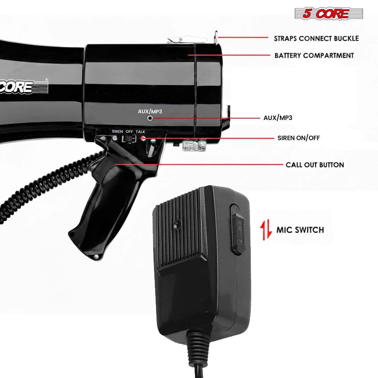 5 Core Megaphone 50W Bluetooth Rechargeable Portable Bullhorn 1100 Yards w Siren