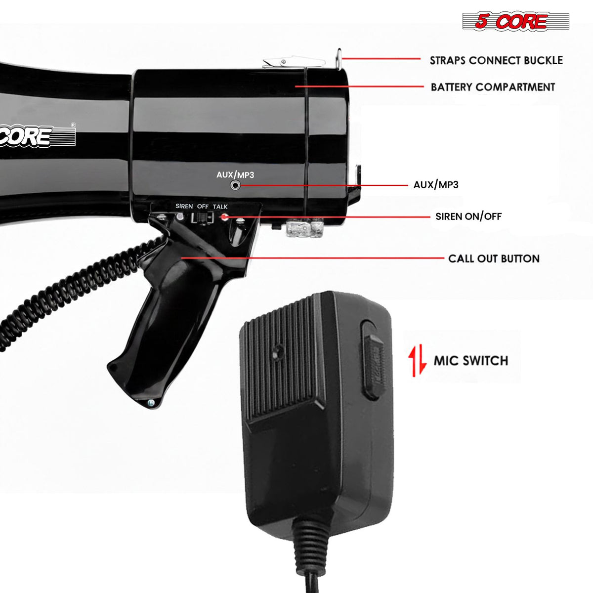 5 Core Megaphone 50W Bluetooth Rechargeable Portable Bullhorn 1100 Yards w Siren