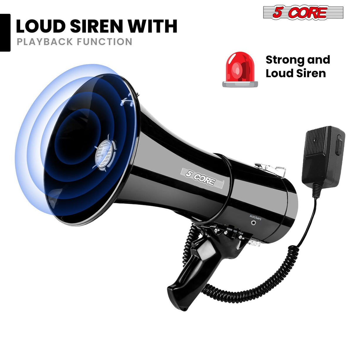 5 Core Megaphone 50W Bluetooth Rechargeable Portable Bullhorn 1100 Yards w Siren