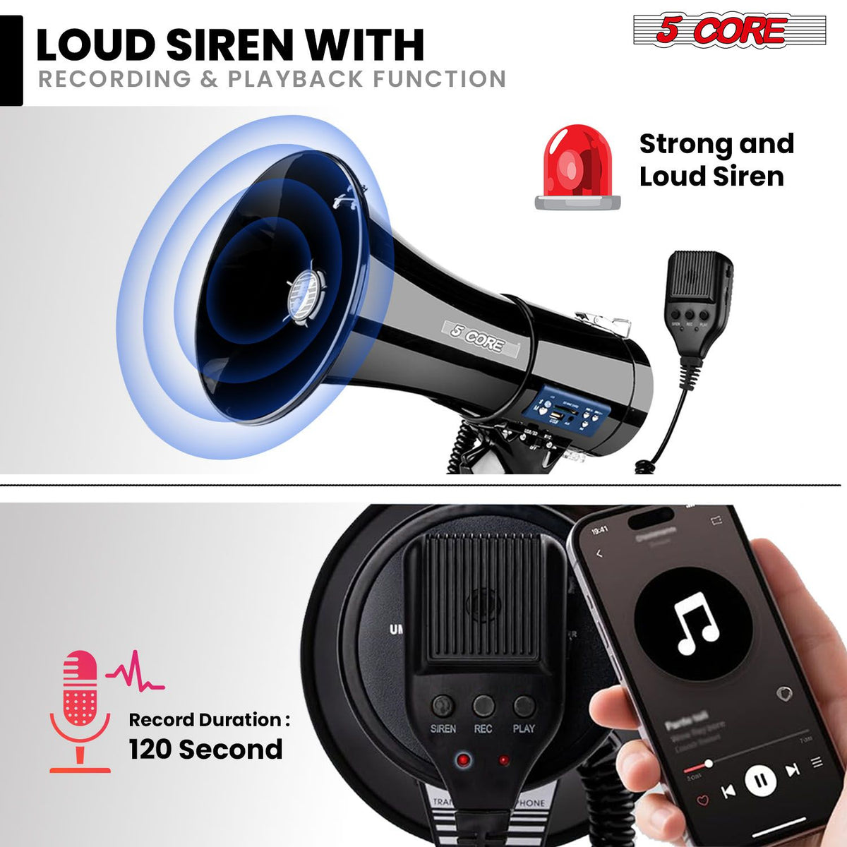 5 Core Megaphone 50W Bluetooth Rechargeable Portable Bullhorn 1100 Yards w Siren