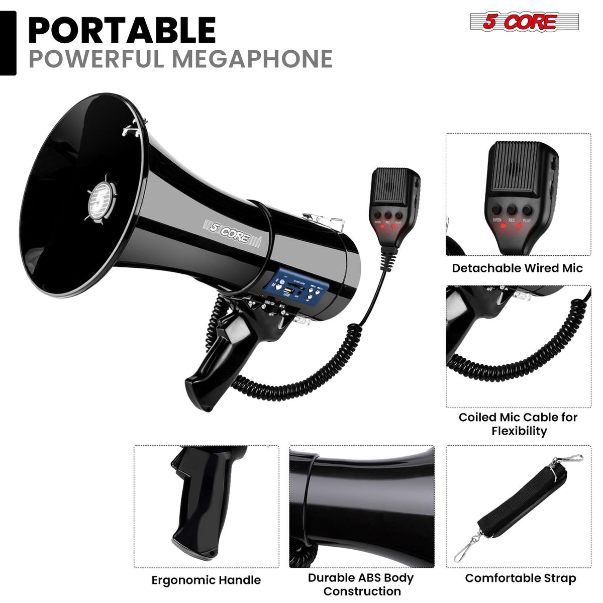5 Core Megaphone 50W Bluetooth Rechargeable Portable Bullhorn 1100 Yards w Siren