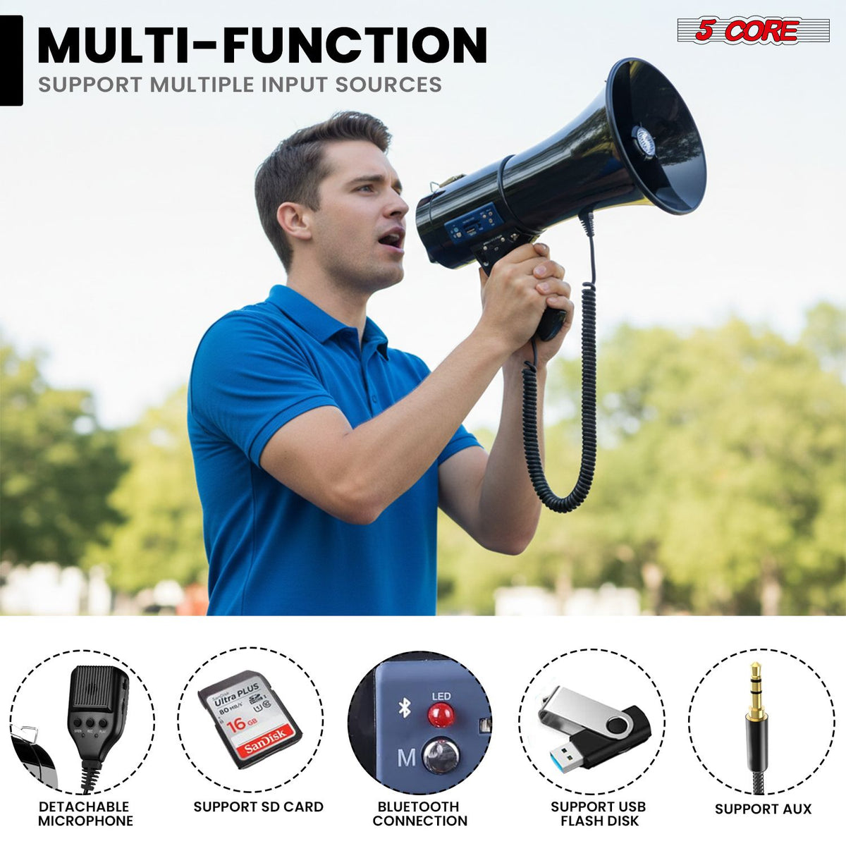 5 Core Megaphone 50W Bluetooth Rechargeable Portable Bullhorn 1100 Yards w Siren