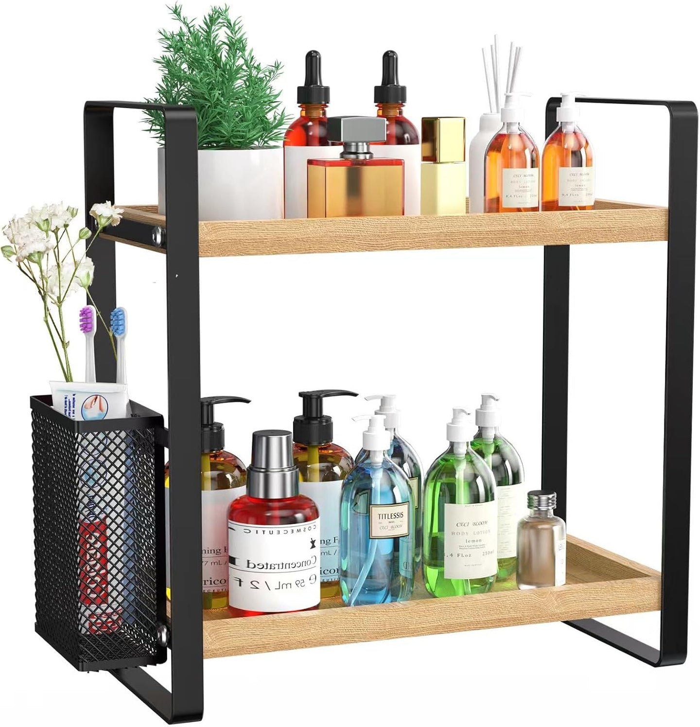 Wood Bathroom Countertop Organizer Shelf with Basket Multi-Tier Vanity