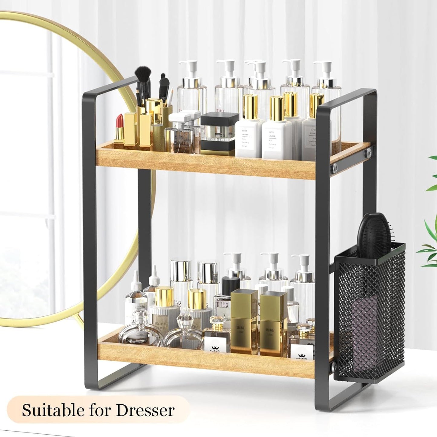 Wood Bathroom Countertop Organizer Shelf with Basket Multi-Tier Vanity
